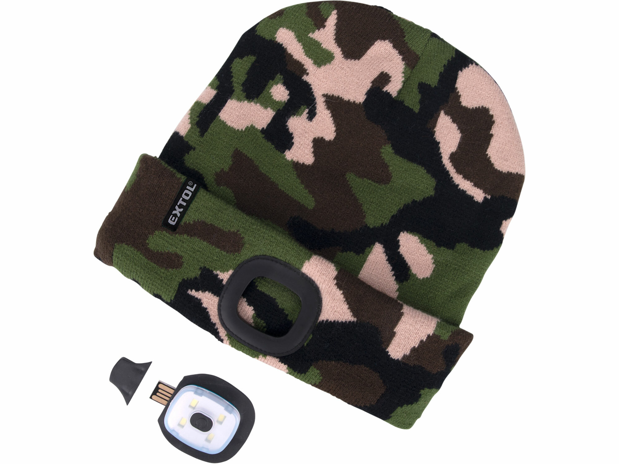 EXTOL LIGHT 43464 Čiapka maskáčová s čelovým svetlom, LED 4x45lm, 300mAh Li-ion, nabíjanie cez USB