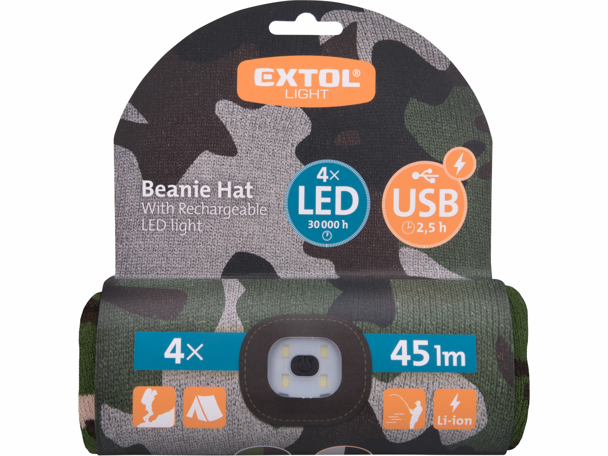 EXTOL LIGHT 43464 Čiapka maskáčová s čelovým svetlom, LED 4x45lm, 300mAh Li-ion, nabíjanie cez USB