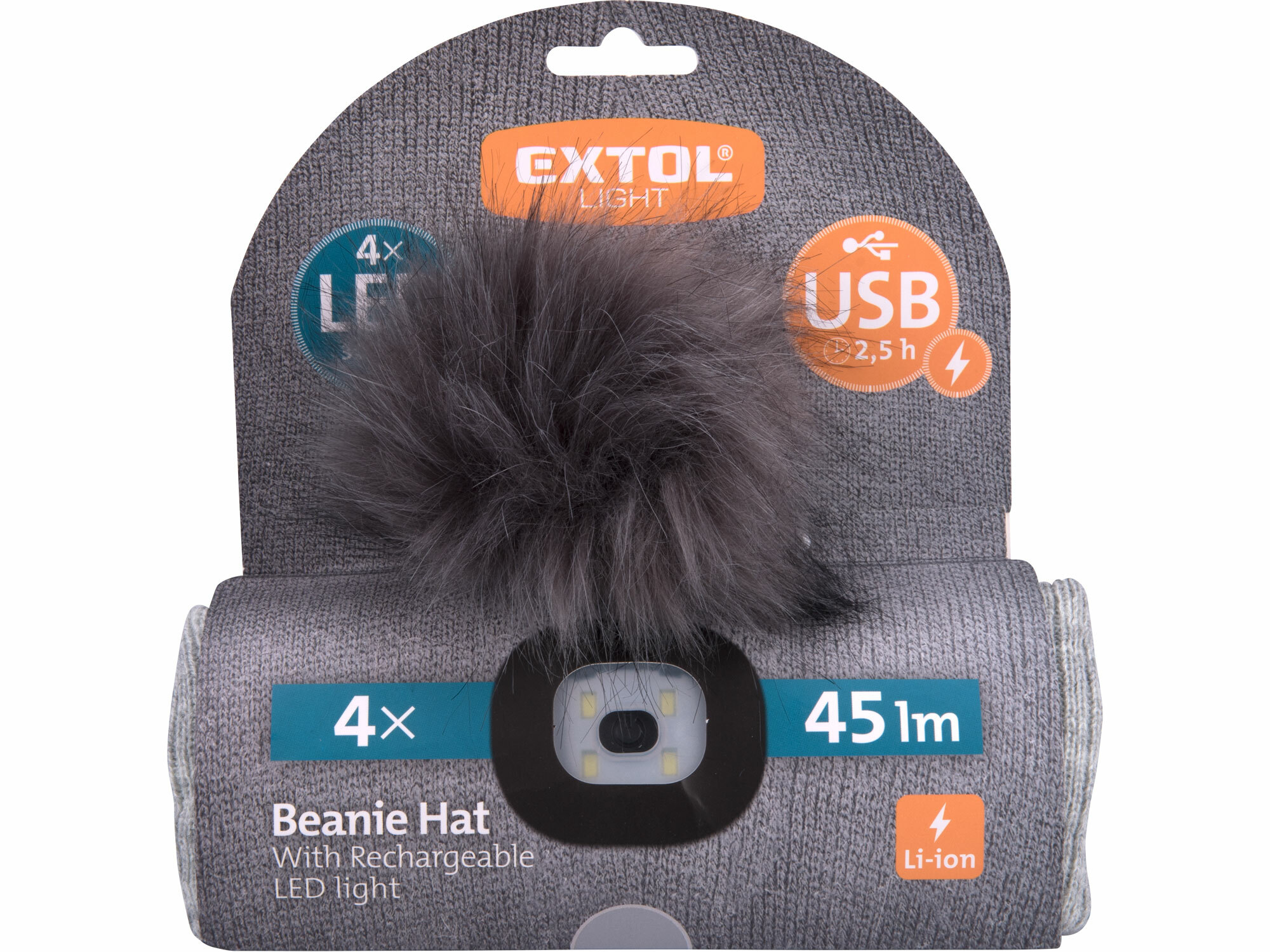 EXTOL LIGHT 43465 Čiapka bledosivá s čelovým svetlom, LED 4x45lm, 300mAh Li-ion, nabíjanie cez USB