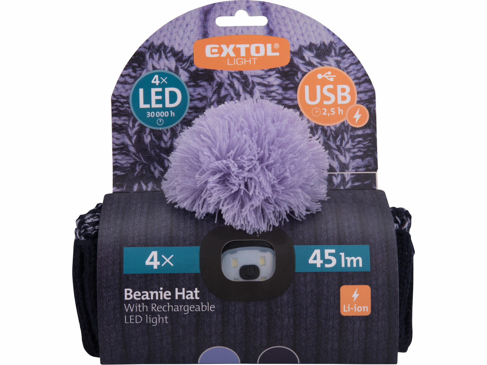 EXTOL LIGHT 43466 Čiapka tmavo-modrá/fialová s čelovým svetlom, LED 4x45lm, 300mAh Li-ion, nabíjanie cez USB