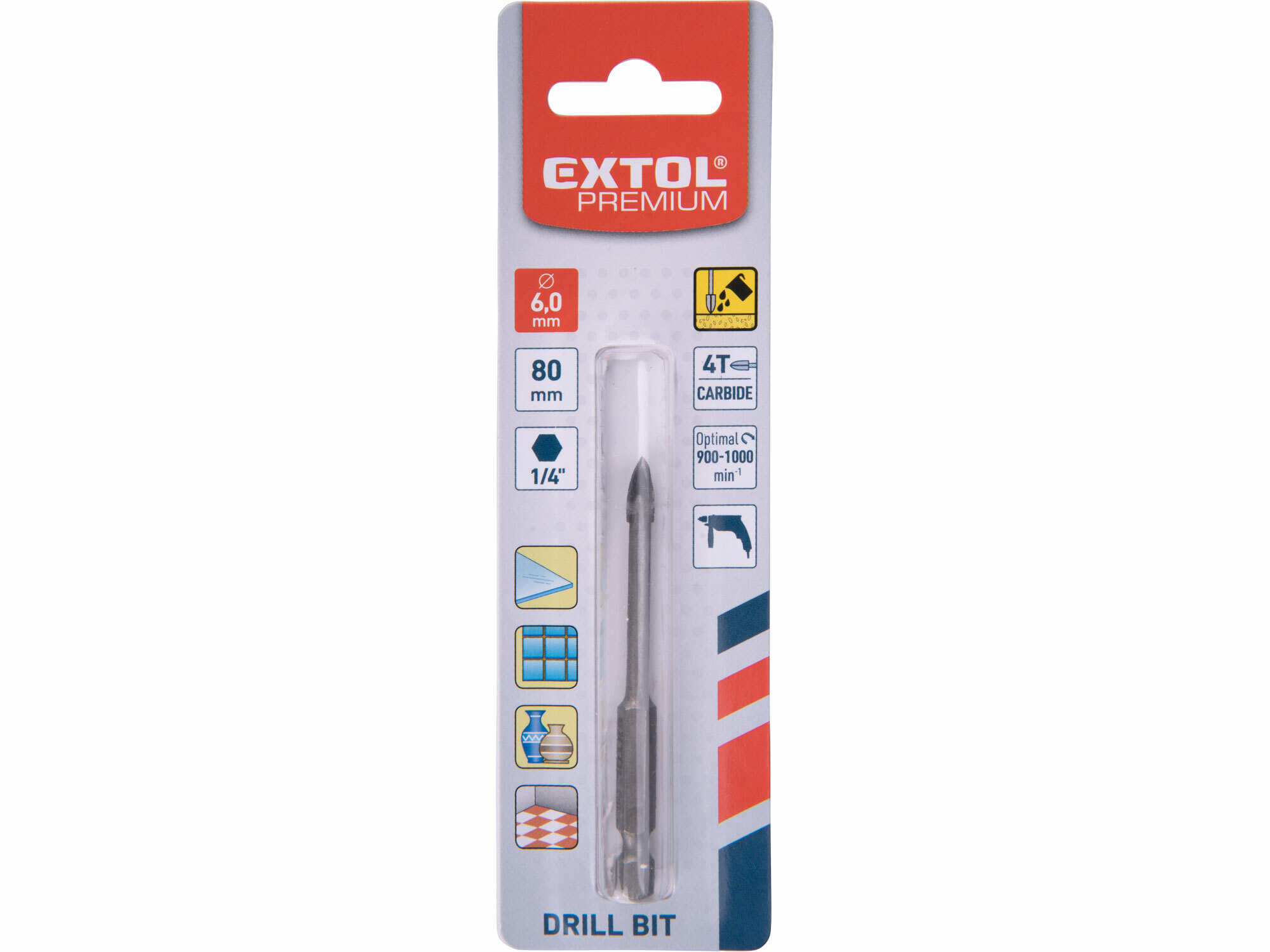 EXTOL PREMIUM 8801886 Vrták do skla a keramiky 6mm, šesťhranná 1/4" stopka