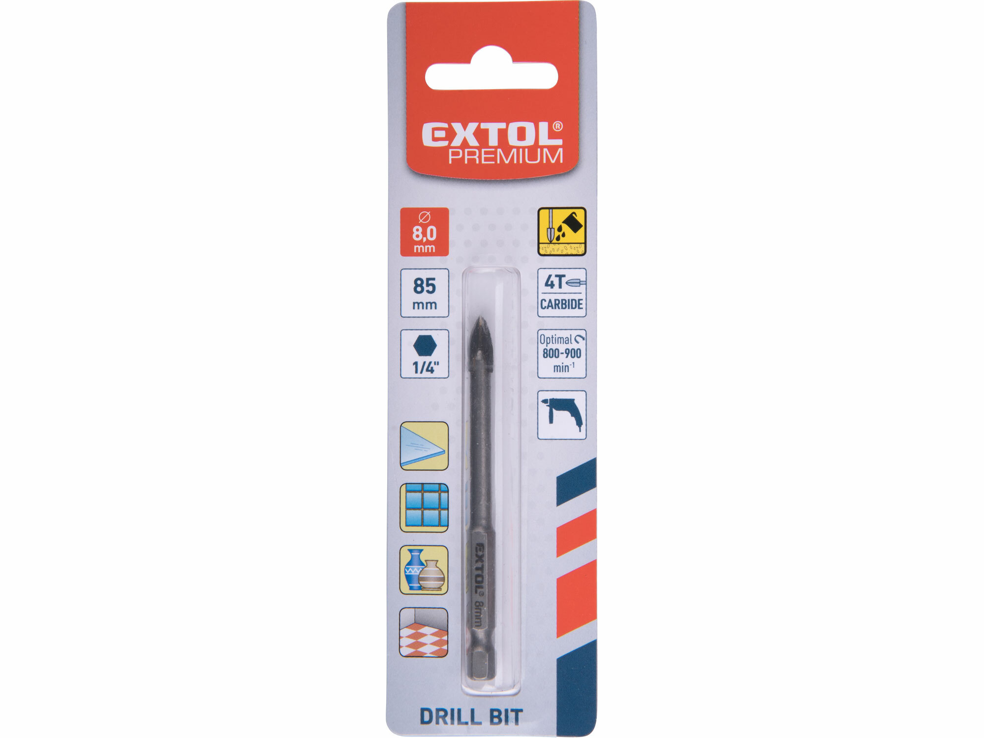 EXTOL PREMIUM 8801888 Vrták do skla a keramiky 8mm, šesťhranná 1/4" stopka