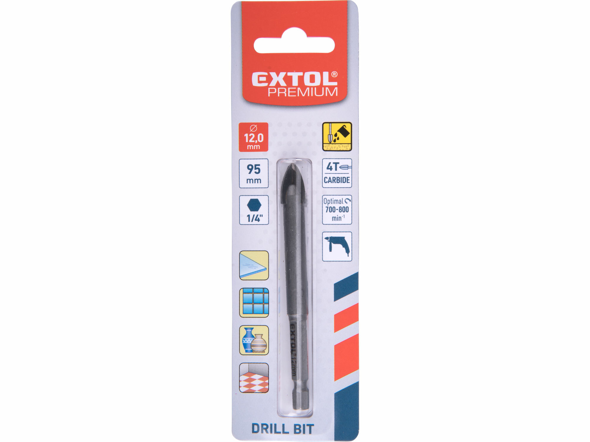 EXTOL PREMIUM 8801892 Vrták do skla a keramiky 12mm, šesťhranná 1/4" stopka