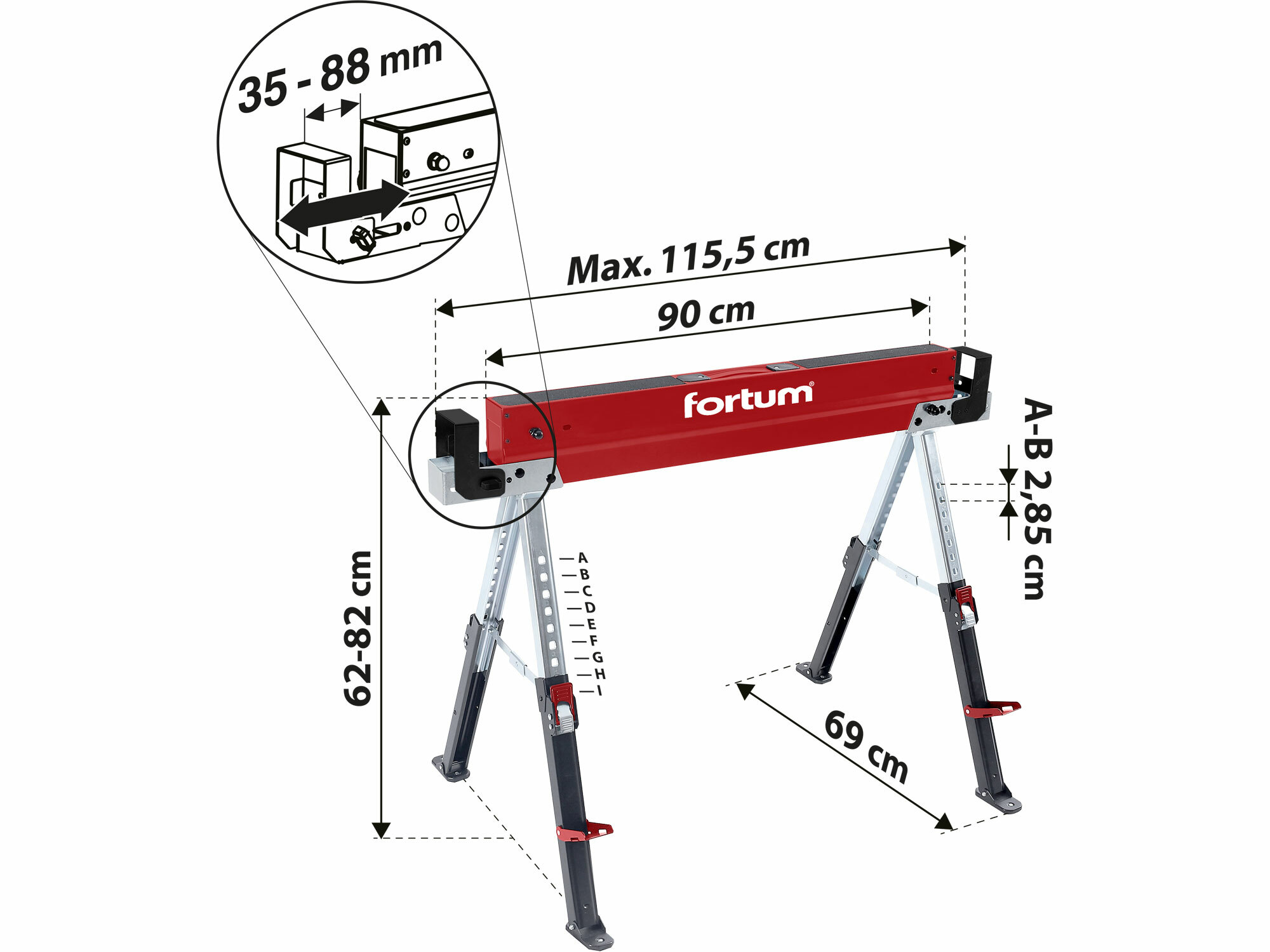 FORTUM 4759999 Podstavec pracovný skladací "koza", kovový, 590kg, nastaviteľná výška 61,5-82cm