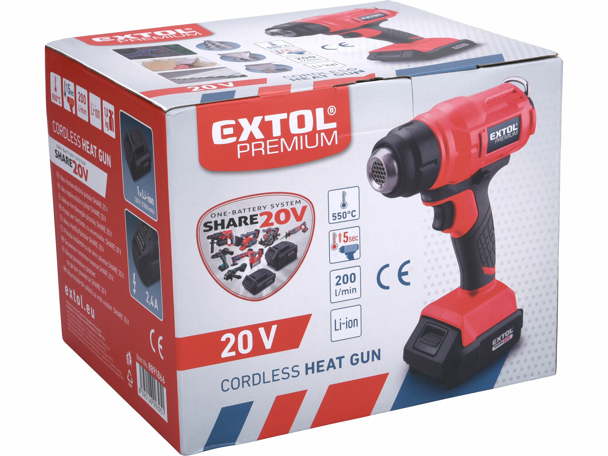 EXTOL PREMIUM 8891866 Pištoľ teplovzdušná aku Share20V, 1x2Ah, 550°C