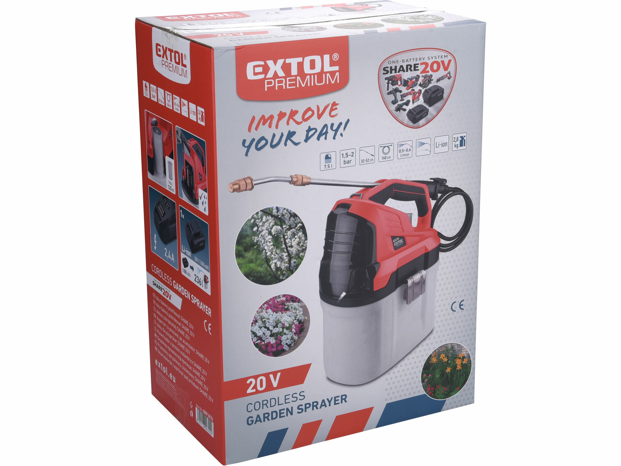 EXTOL PREMIUM 8891878 Aku postrekovač Share20V, 7,5L, 1x 2Ah batéria + nabíjačka