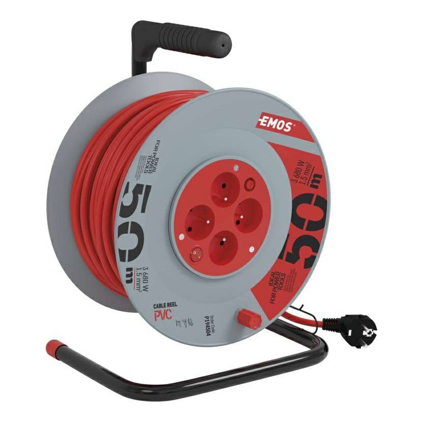 EMOS Predlžovací kábel na bubne 50 m / 4 zásuvky / červený / PVC / 230 V / 1,5 mm2