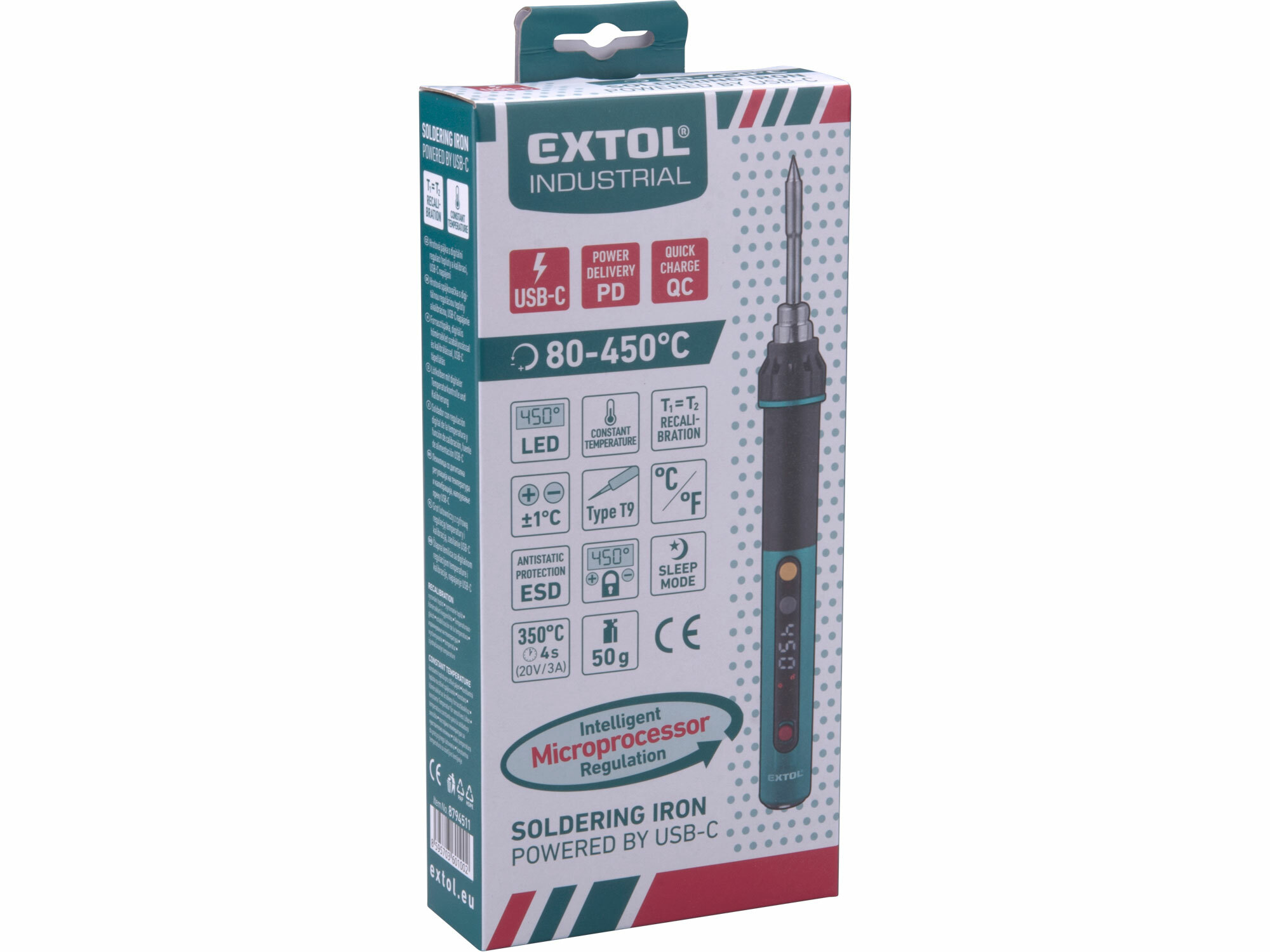 EXTOL INDUSTRIAL 8794511 Spájkovačka hrotová, USB-C, 80-450C, LED displej