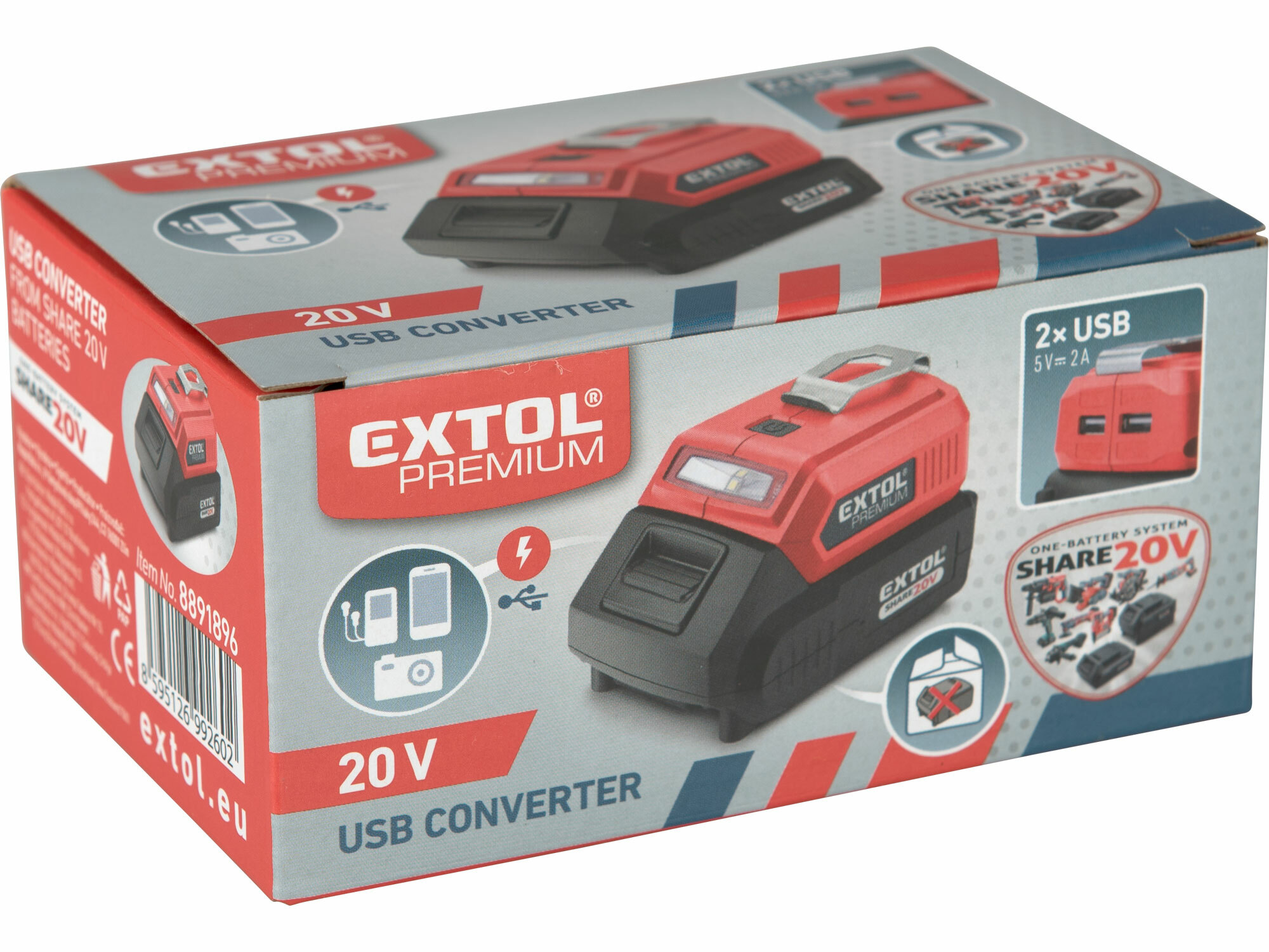EXTOL PREMIUM 8891896 Adaptér USB pre Share20V akumulátor, 2x USB 5V/2A