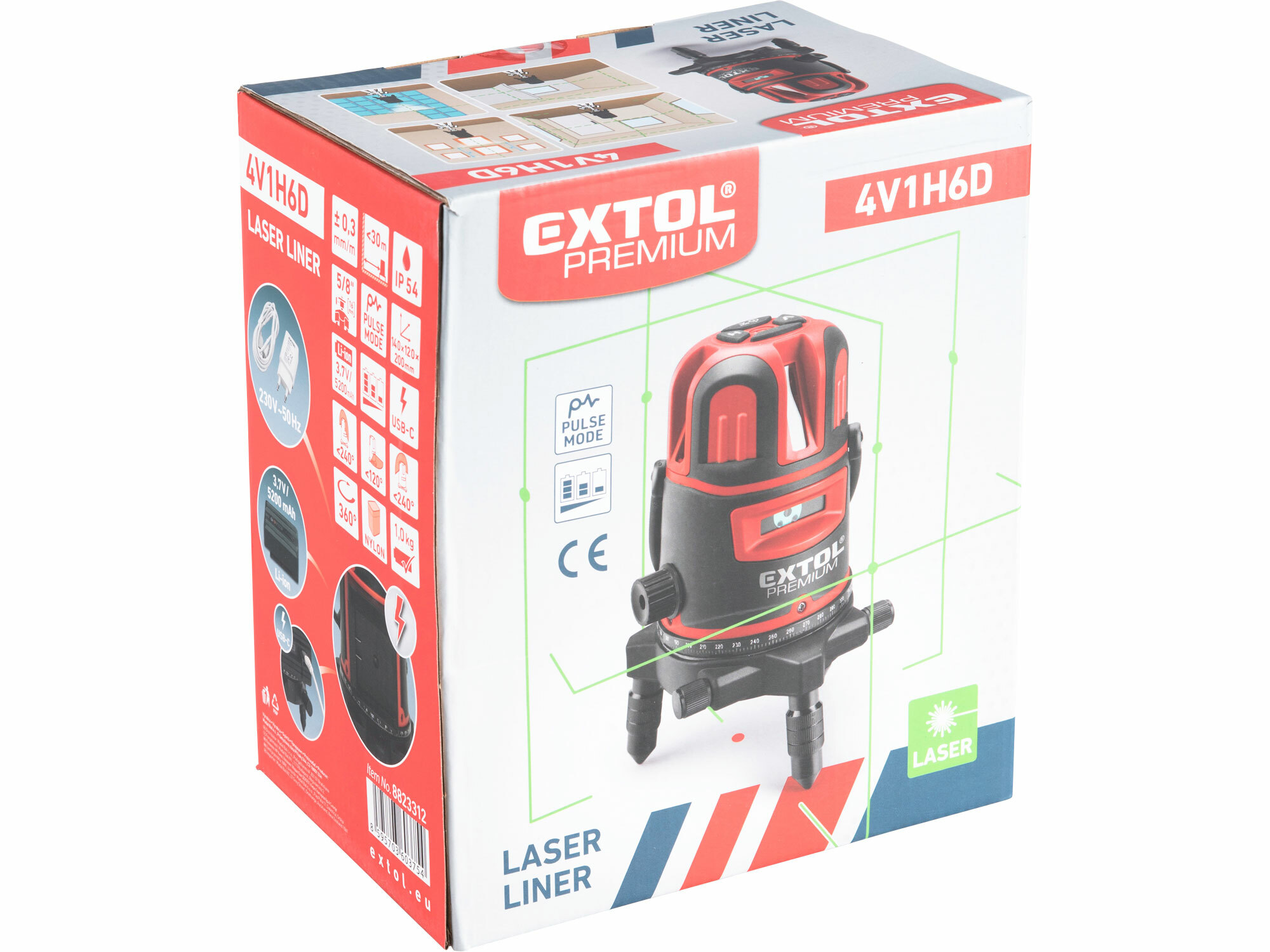 EXTOL PREMIUM 8823312 Laserová krížový samonivelačný, 1H-4V-6B, zelený laser