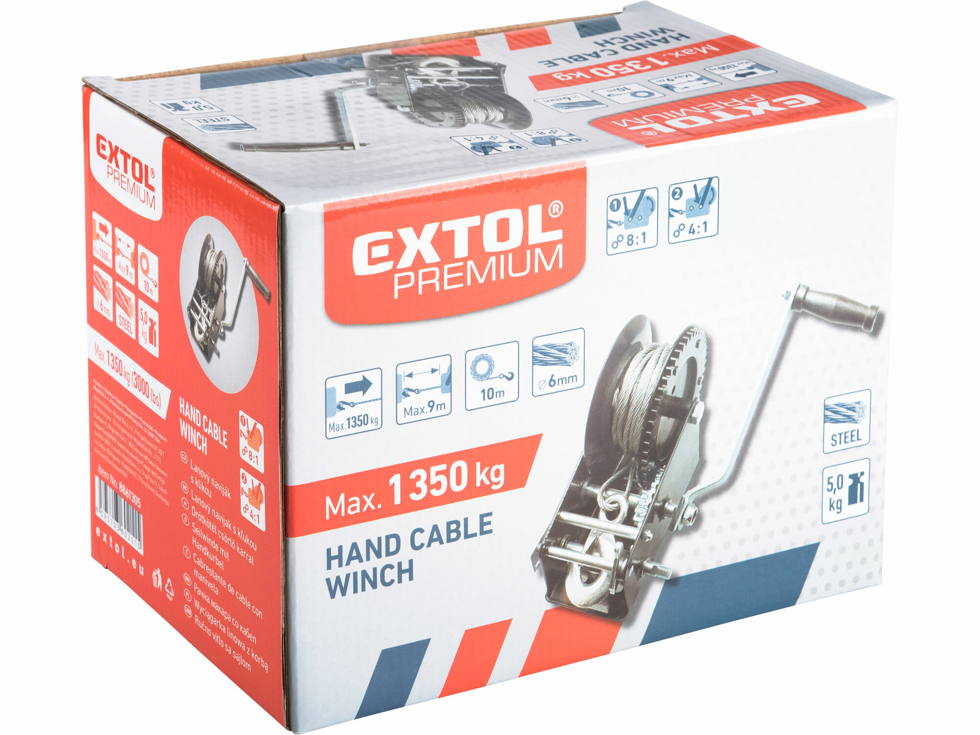 EXTOL PREMIUM 8861305 Navijak lanový ručný obojsmerný, 1350kg, 2 rýchlosti, lano Ø6mmx10m