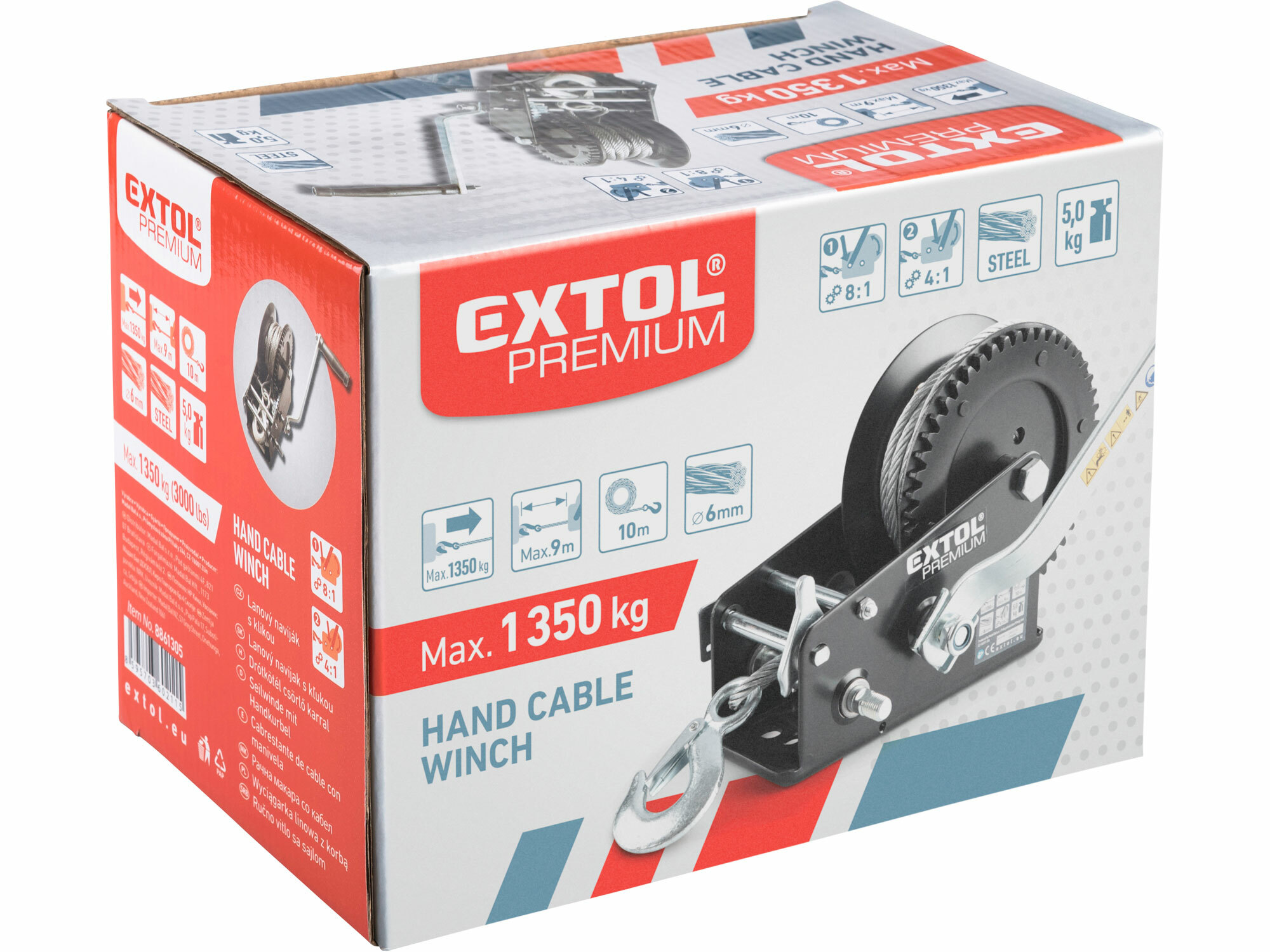 EXTOL PREMIUM 8861305 Navijak lanový ručný obojsmerný, 1350kg, 2 rýchlosti, lano Ø6mmx10m
