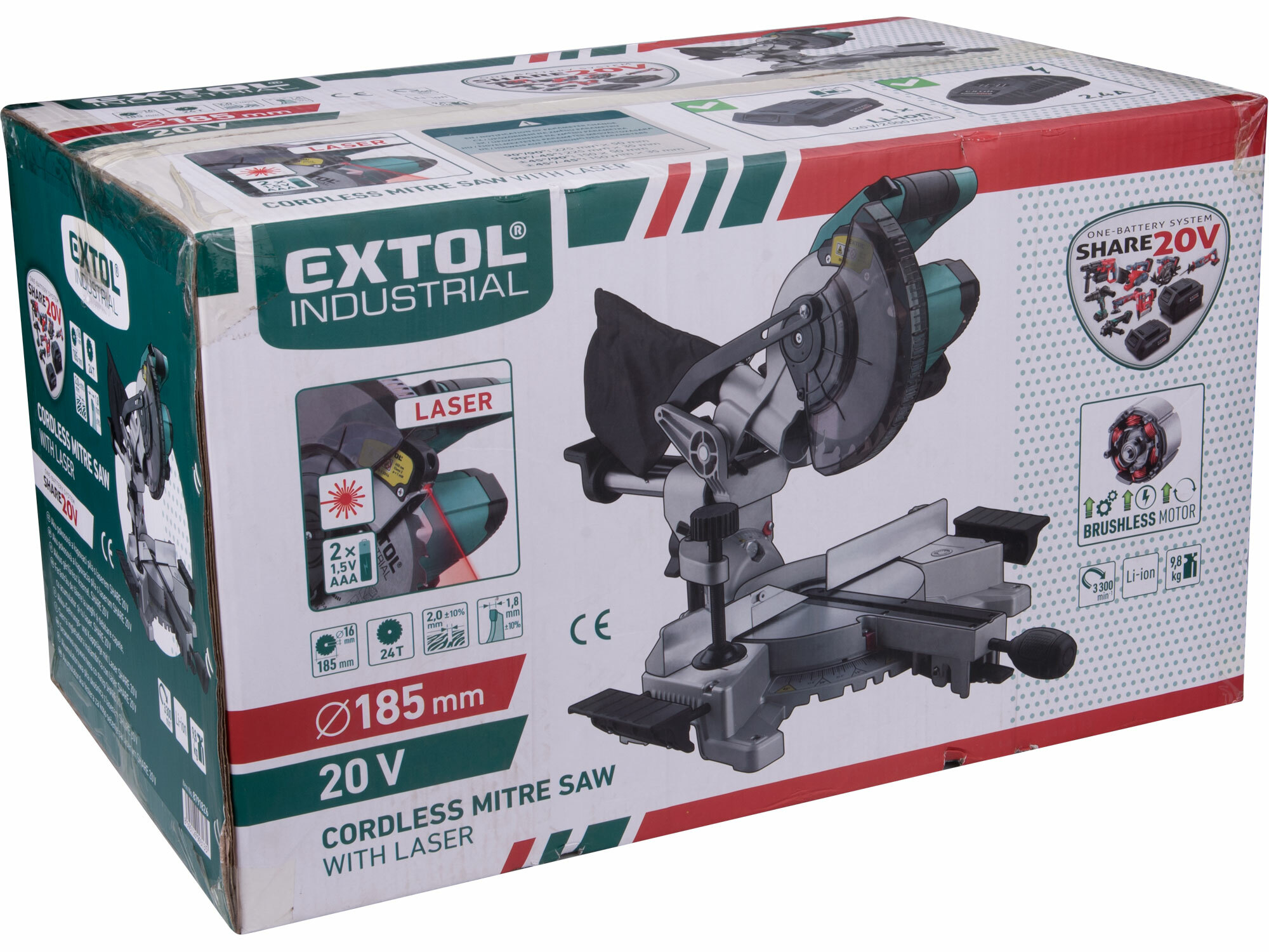 EXTOL INDUSTRIAL 8791826 Píla pokosová s posuvom aku Share20V, 1x2Ah, kotúč 185mm, bezuhlíkový motor
