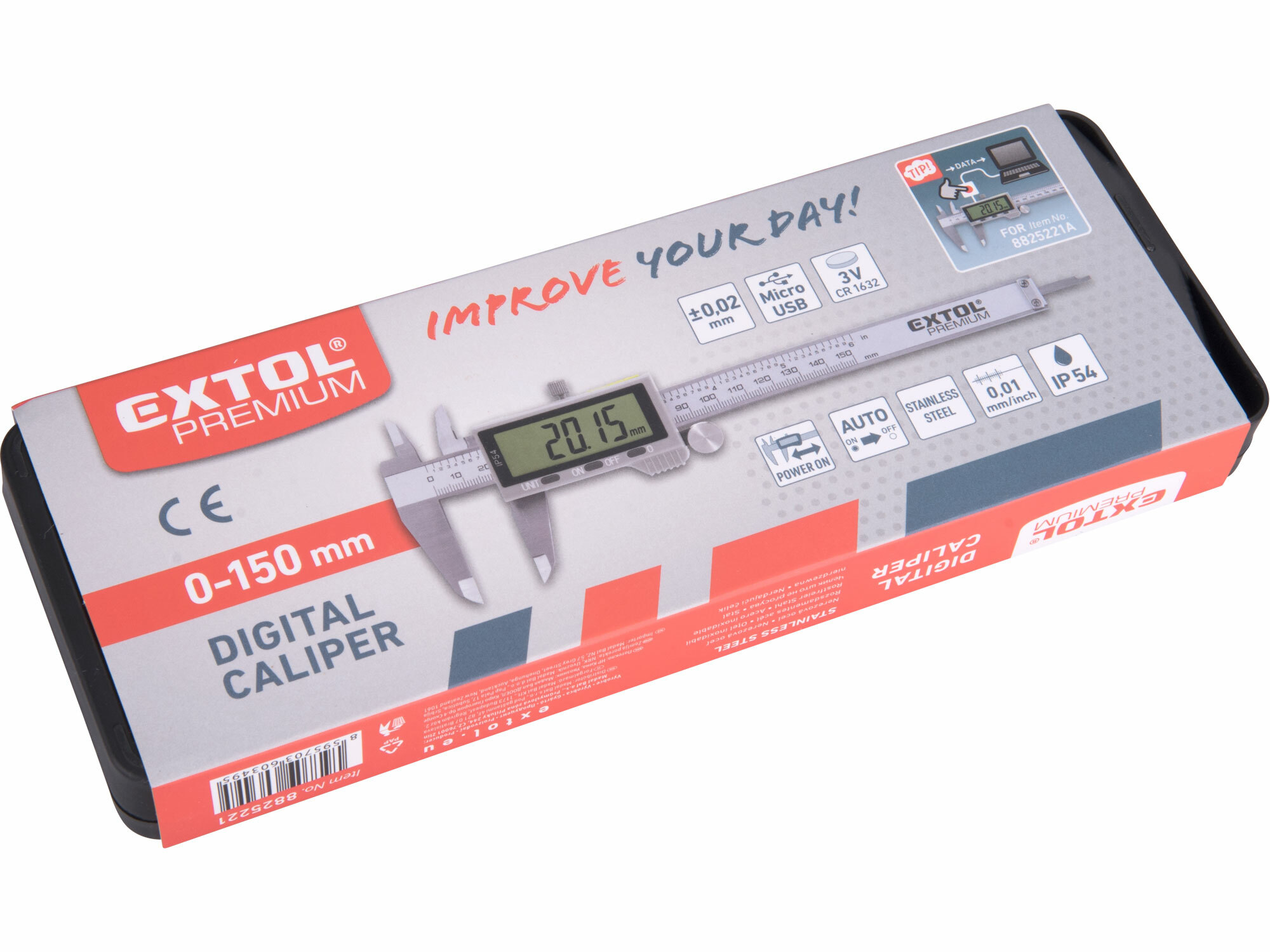EXTOL PREMIUM 8825221 Meradlo posuvné digitálne, 0-150mm, rozlíšenie 0,01mm, presnosť 0,02mm, USB výstup