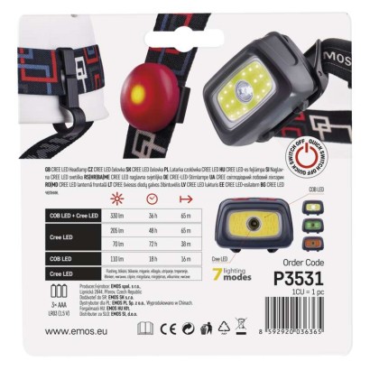 EMOS CREE LED + COB LED čelovka P3531, 330 lm, 65m, 3× AAA