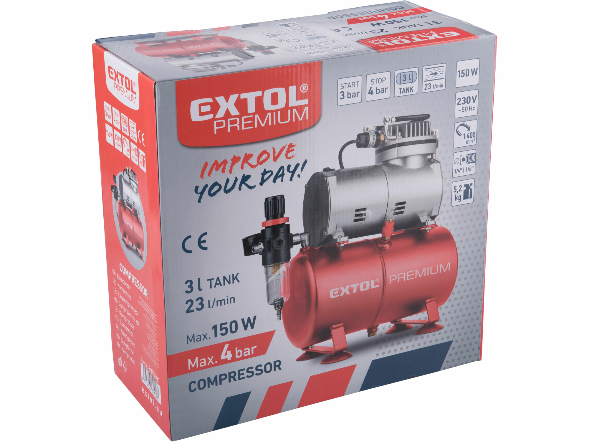 EXTOL PREMIUM 8895301 Kompresor bezolejový, 150W, max. tlak 6bar, nádrž 3l