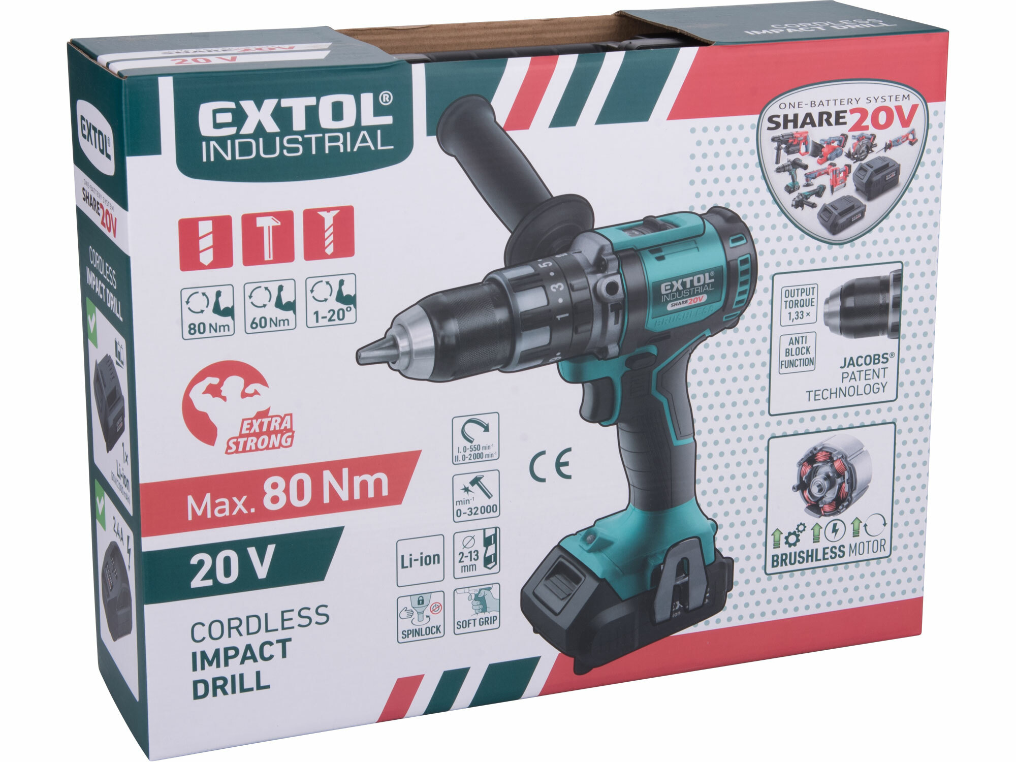 EXTOL INDUSTRIAL 8791802 Vŕtačka s príklepom aku Share20V, 1x 2Ah, 80Nm, bezuhlíkový motor, kufor