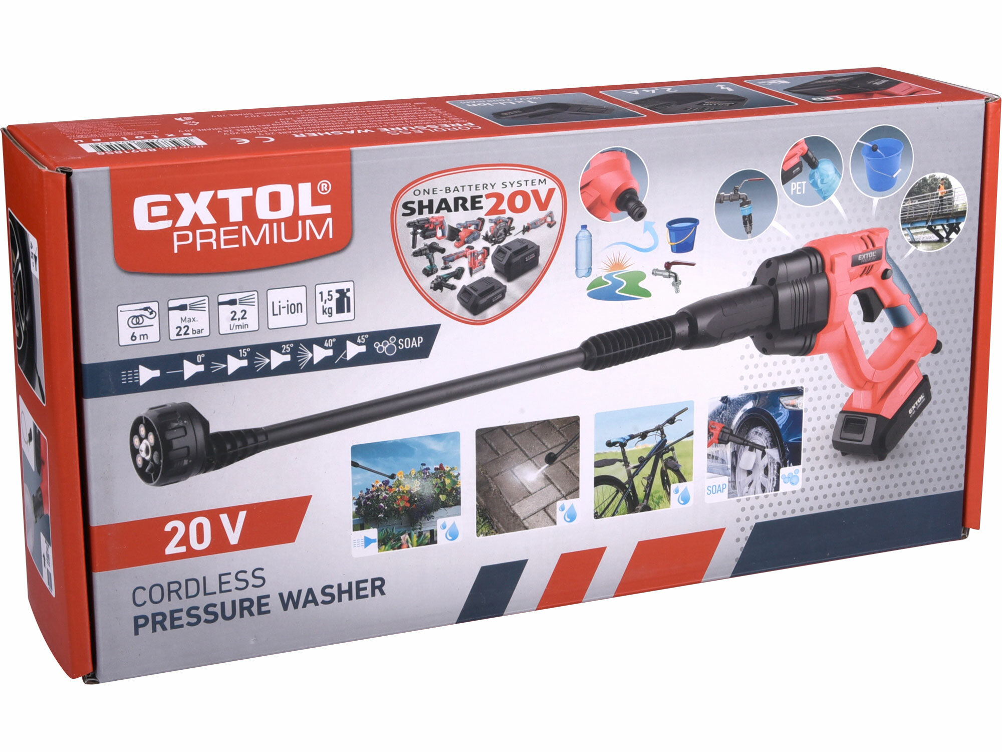 EXTOL PREMIUM 8891858 Aku tlakový čistič Share20V, 22 bar, 1x 2Ah batéria, samonasávací