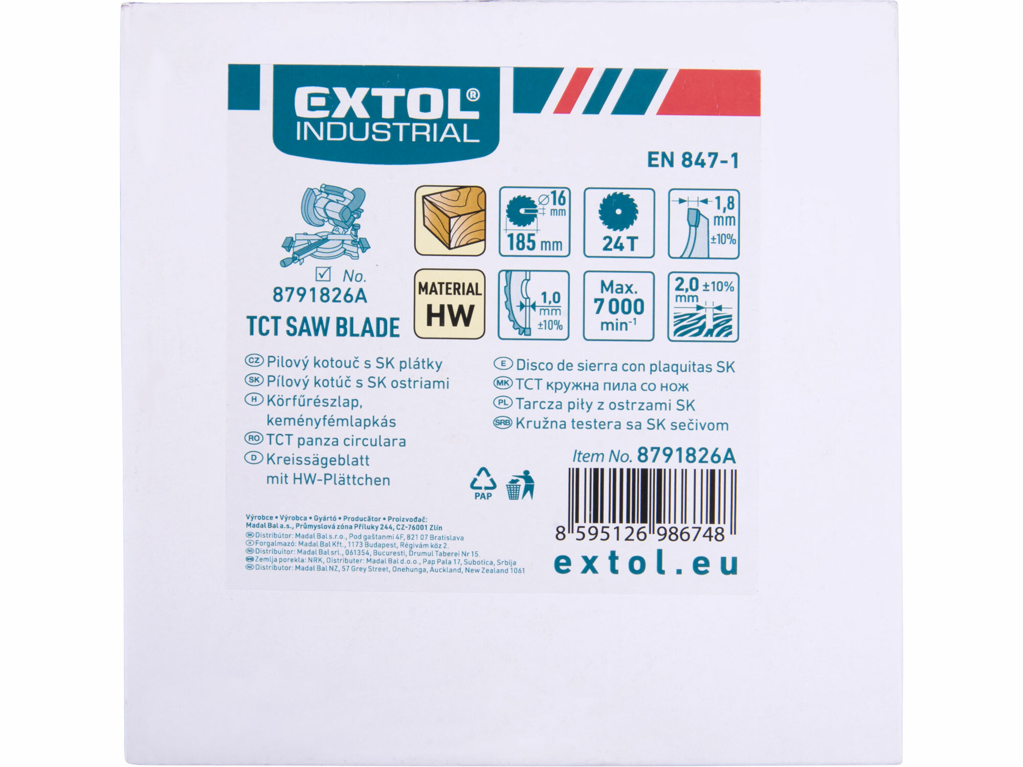 EXTOL INDUSTRIAL 8791826A Kotúč pílový 185x16mmx1,8mm, 24Z