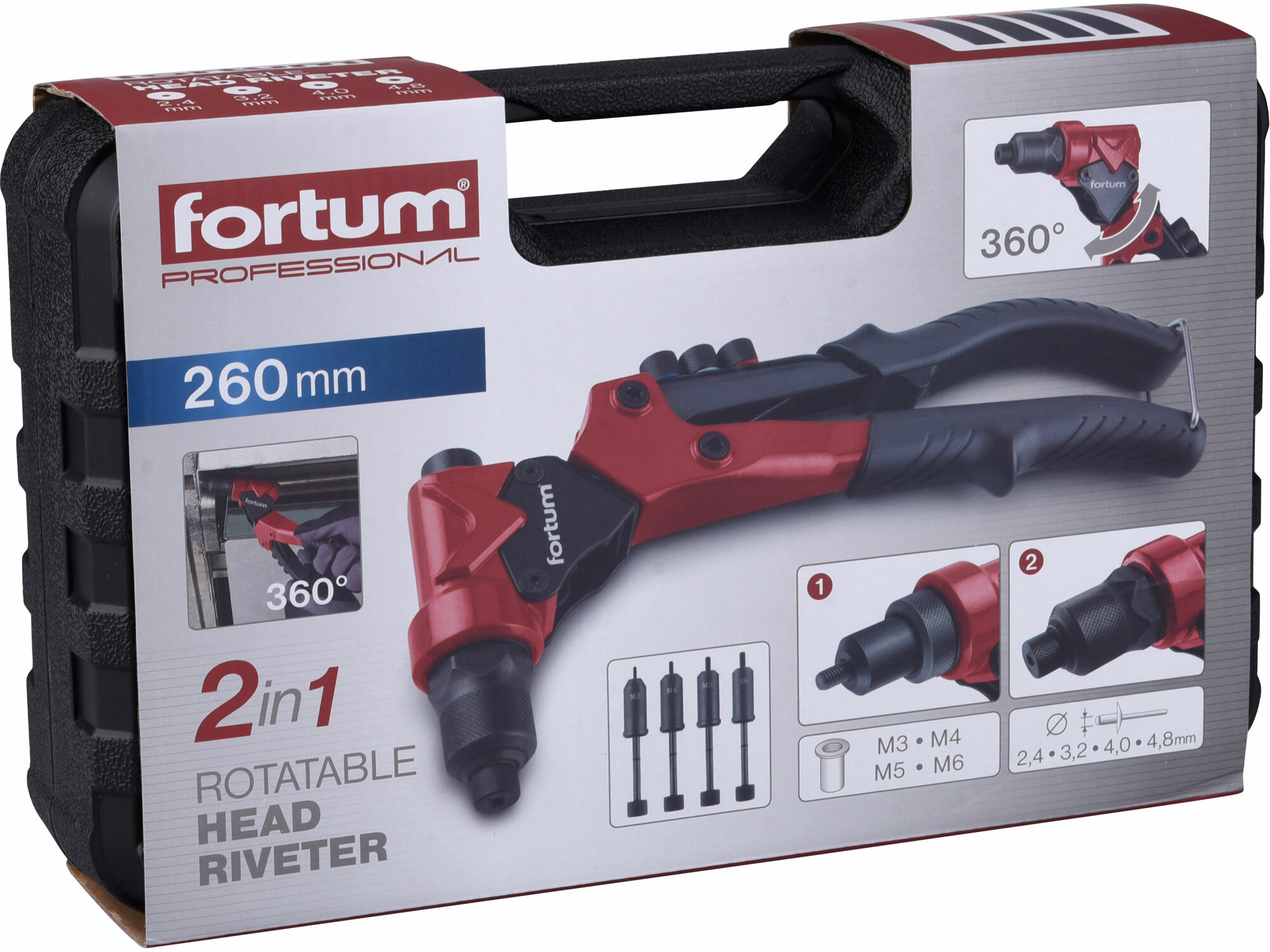 FORTUM 4770628 Kliešte nitovacie s otočnou hlavou, 260mm, 2v1, nity 2,4-4,8mm, matice M3-M6