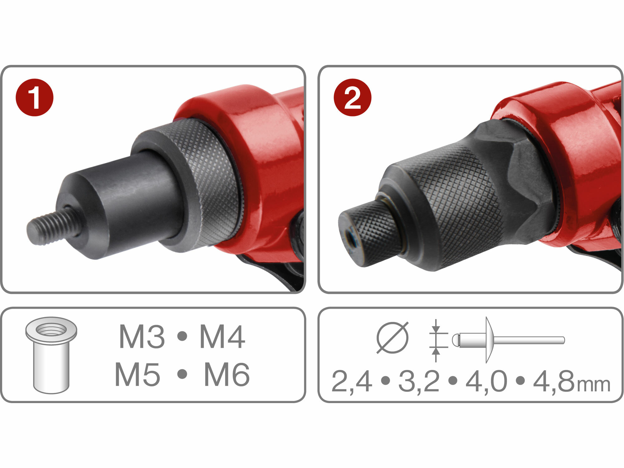 FORTUM 4770628 Kliešte nitovacie s otočnou hlavou, 260mm, 2v1, nity 2,4-4,8mm, matice M3-M6