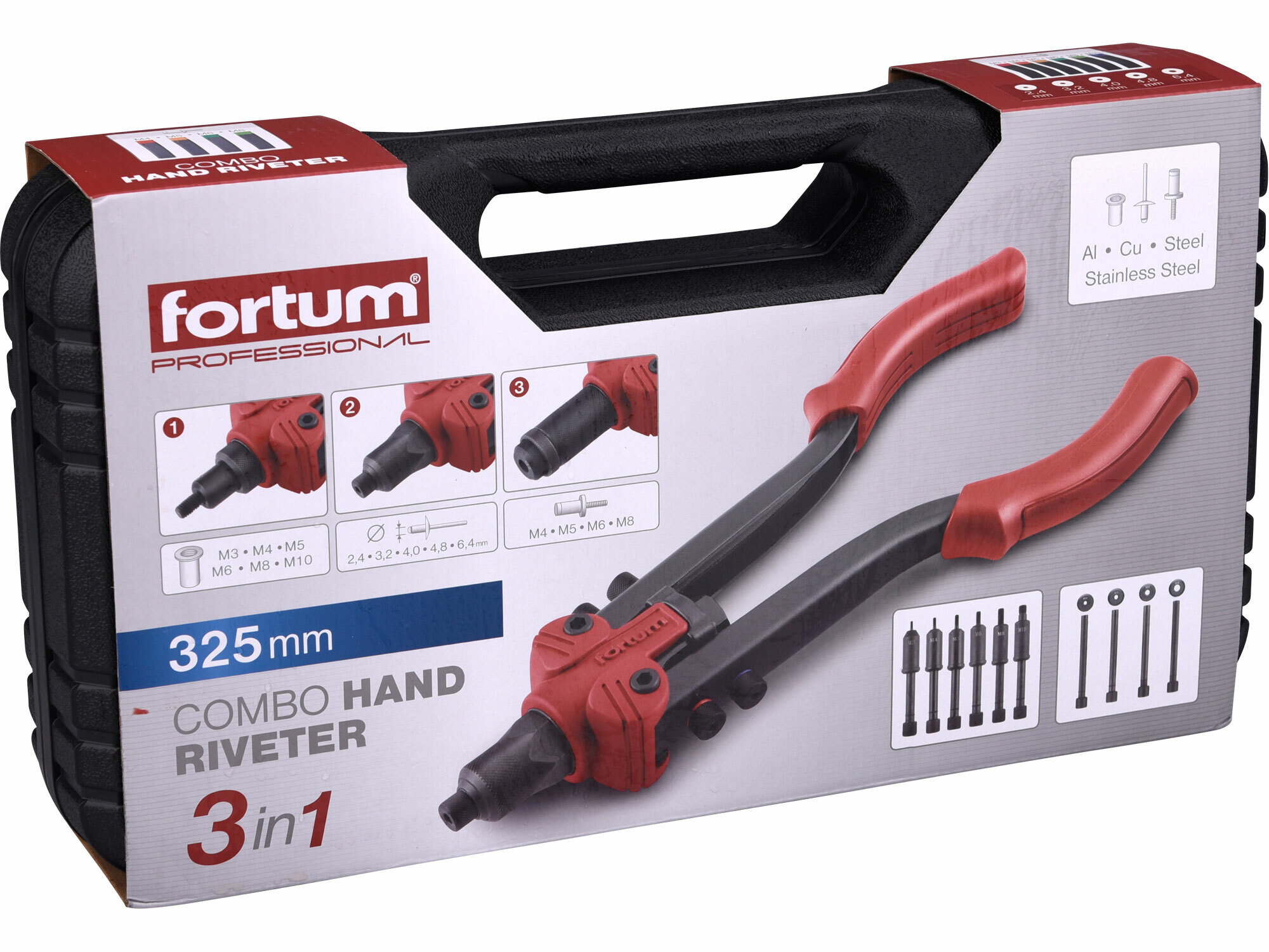 FORTUM 4770639 Kliešte nitovacie 3v1, nity 2,4-6,4mm, matice M3-M10, skrutky M4-M8