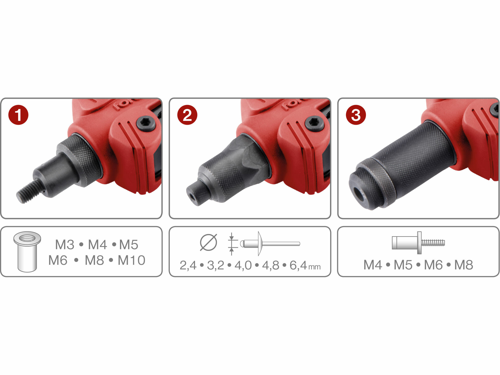 FORTUM 4770639 Kliešte nitovacie 3v1, nity 2,4-6,4mm, matice M3-M10, skrutky M4-M8