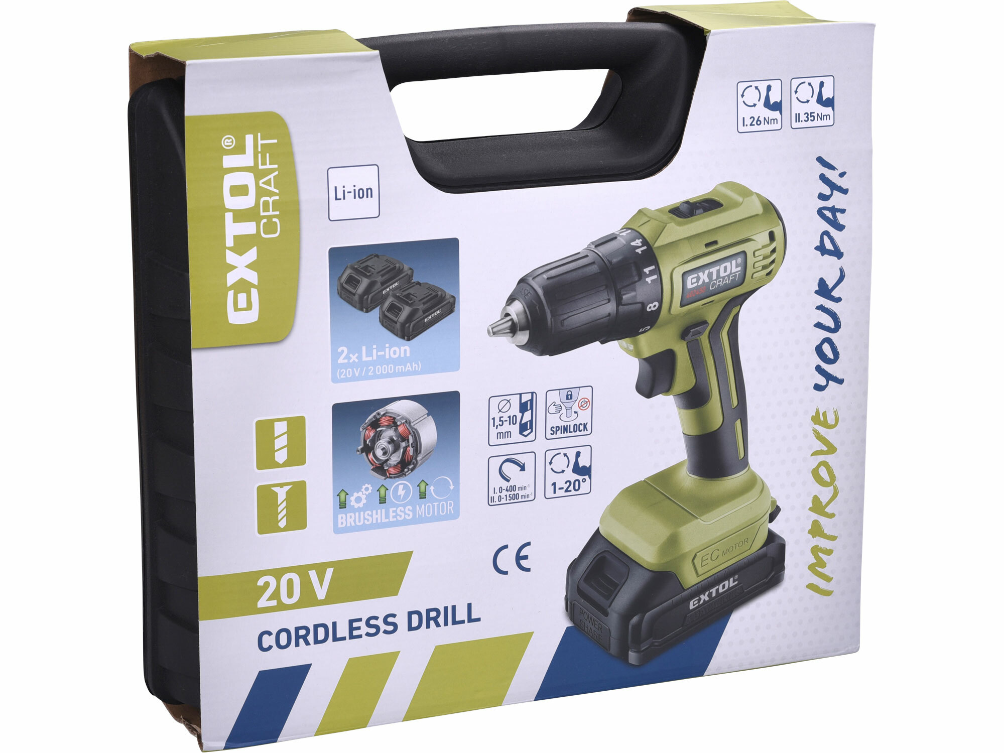 EXTOL CRAFT 402450 Vŕtačka akumulátorová bezuhlíková, 20V, 2x 2Ah Li-ion