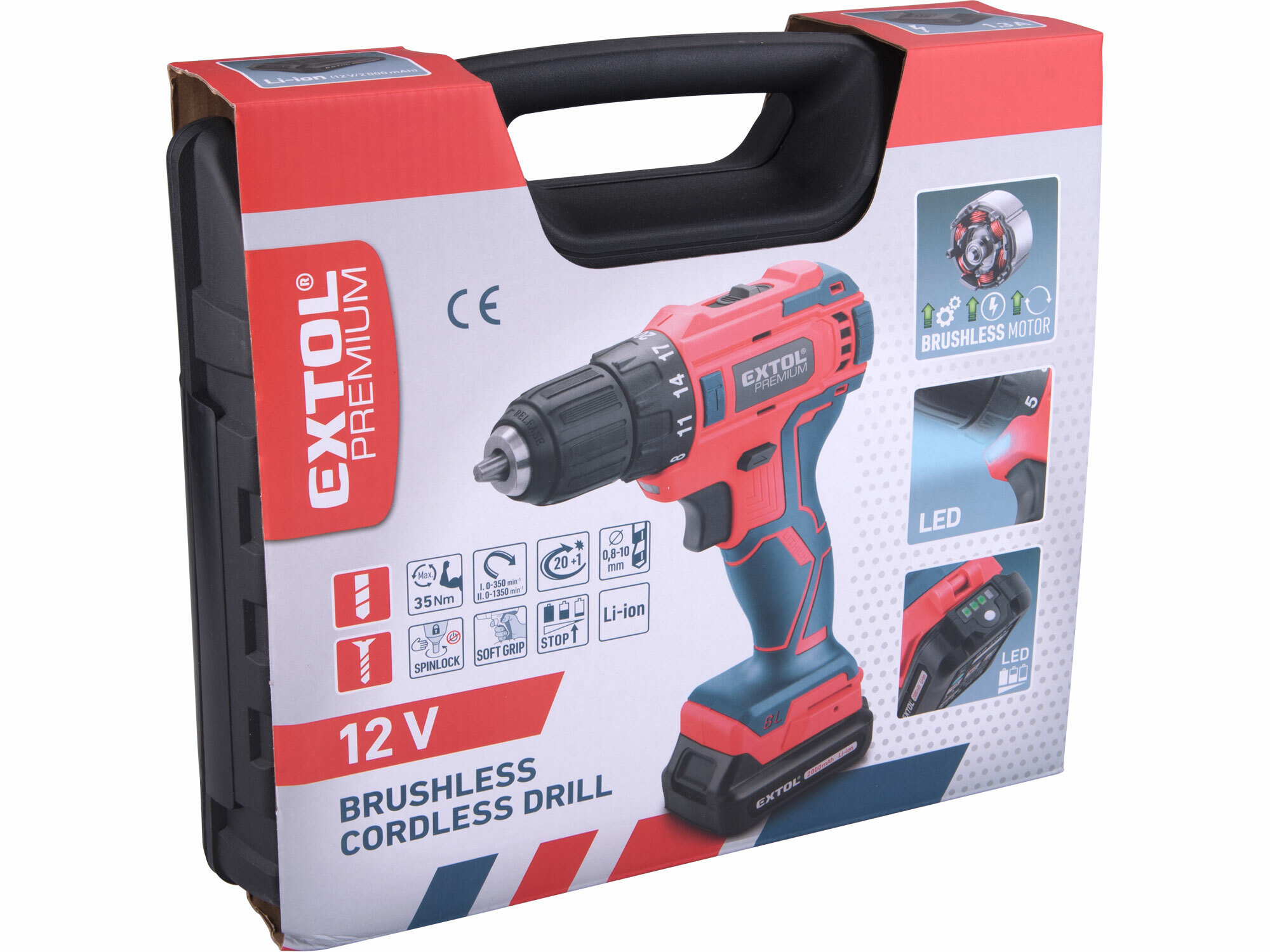 EXTOL PREMIUM 8891152 Vŕtačka akumulátorová, bezuhlíkový motor, 12V, 1x2Ah Li-ion