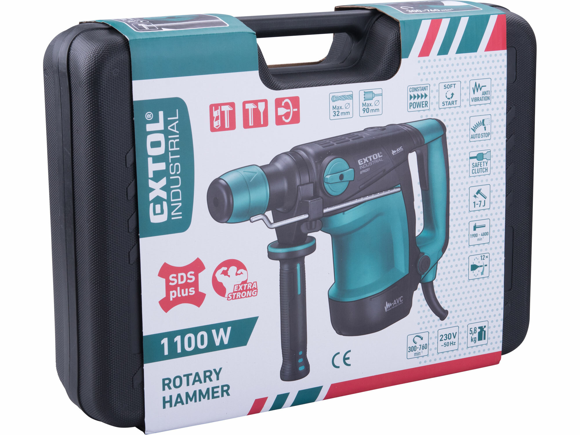 EXTOL INDUSTRIAL 8790201 Kladivo vŕtacie a sekacie, SDS-plus, príkon 1100W, energia úderu 7J