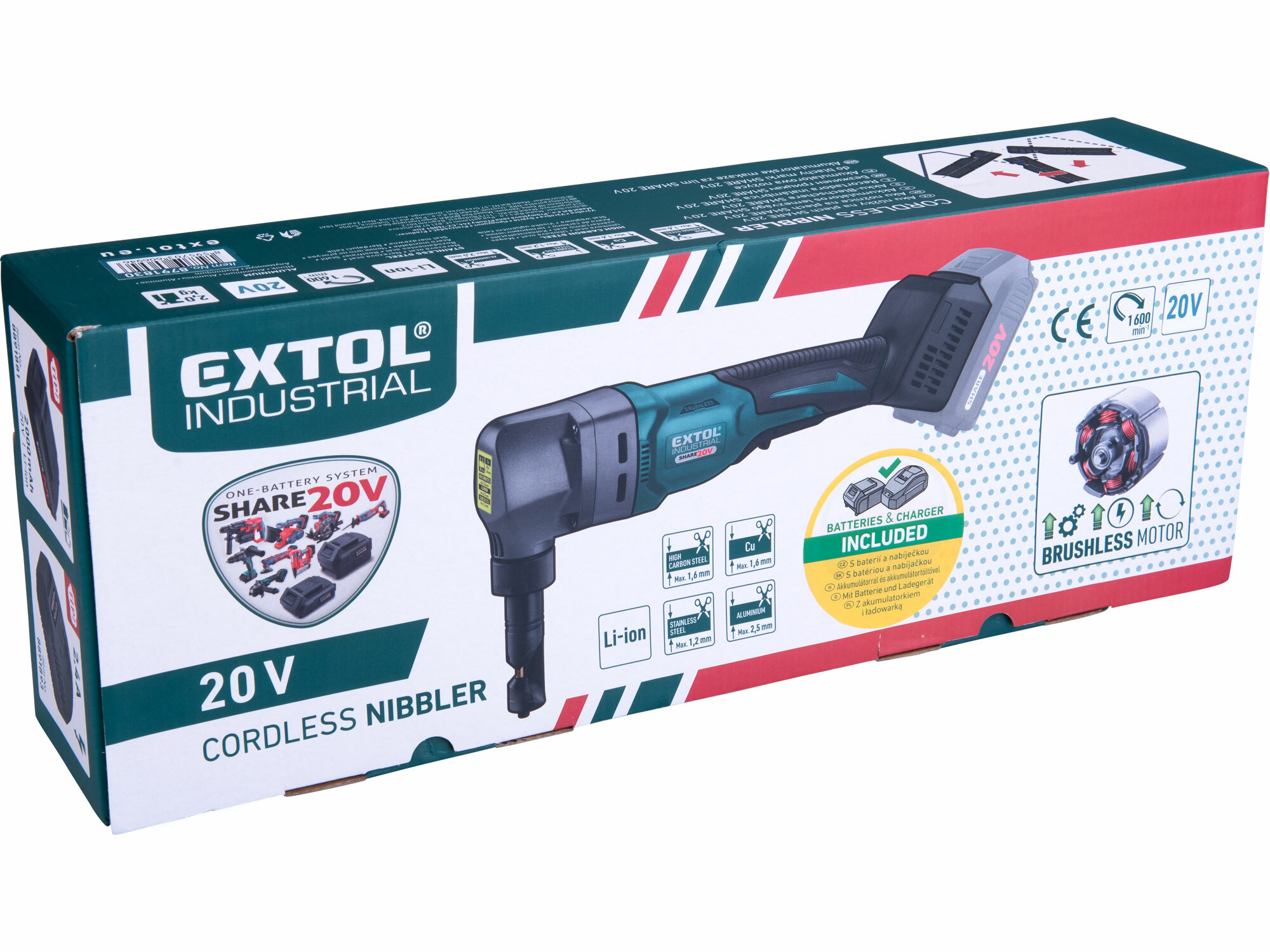 EXTOL INDUSTRIAL 8791830 Nožnice na plech vystrihovacie aku Share20V, 1x 2Ah, max. 2,5mm, bezuhlíkový motor