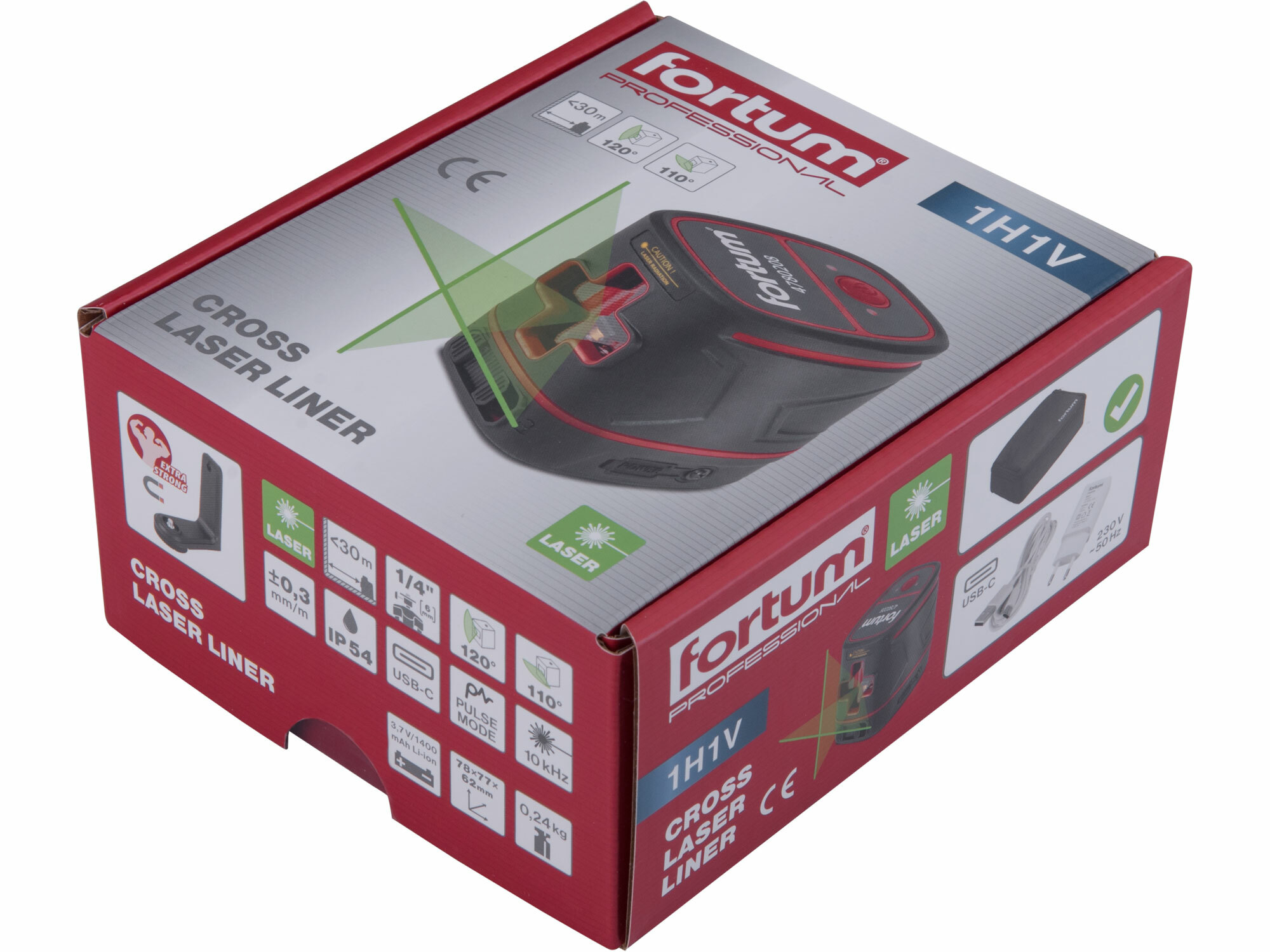 FORTUM 4780208 Laser líniový, krížový samonivelačný, zelený, 1H1V, Li-ion akumulátor