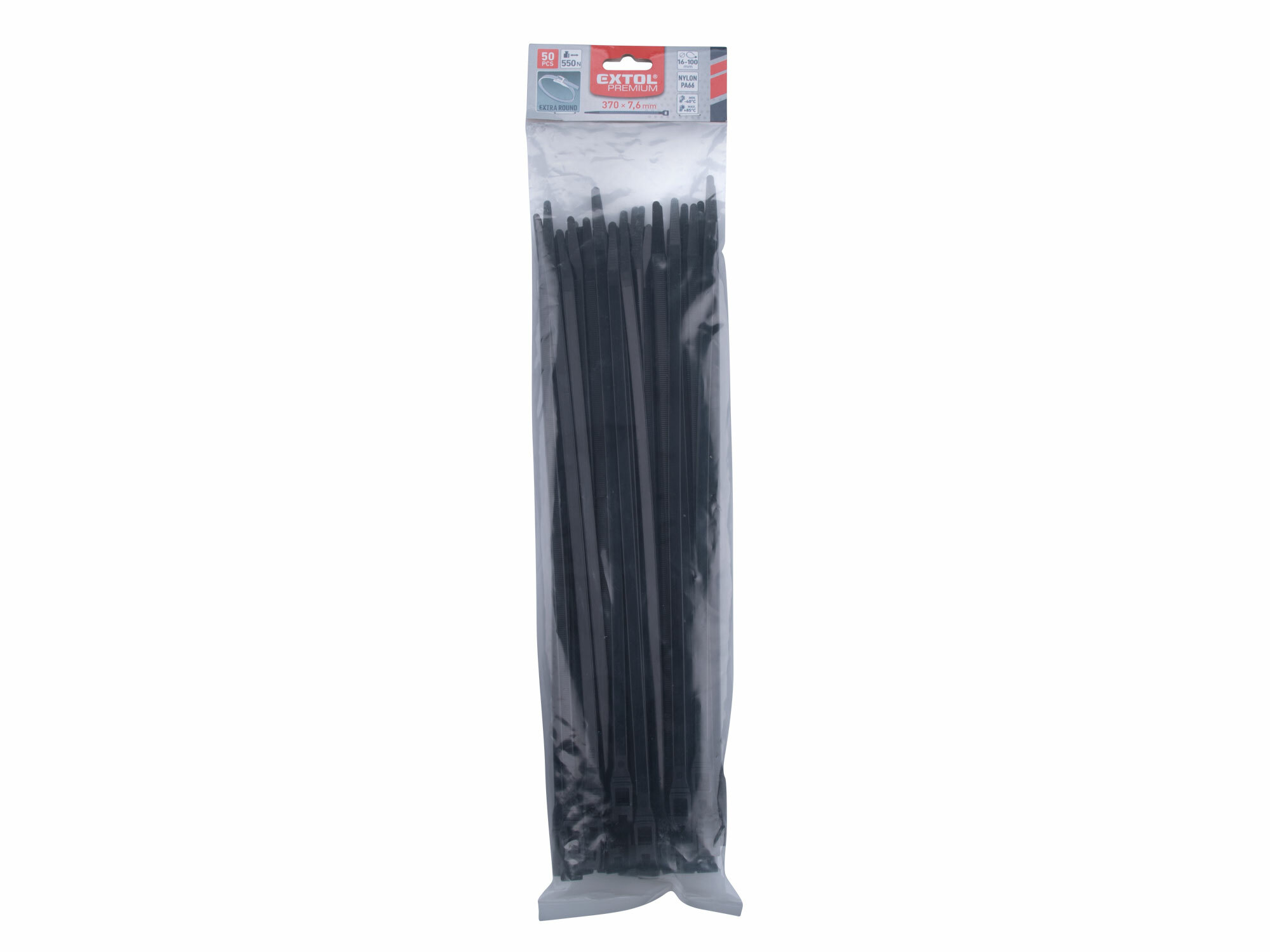 EXTOL PREMIUM 8856238 Pásky sťahovacie čierne, nízkoprofilový zámok, 7,6x370mm, 50ks