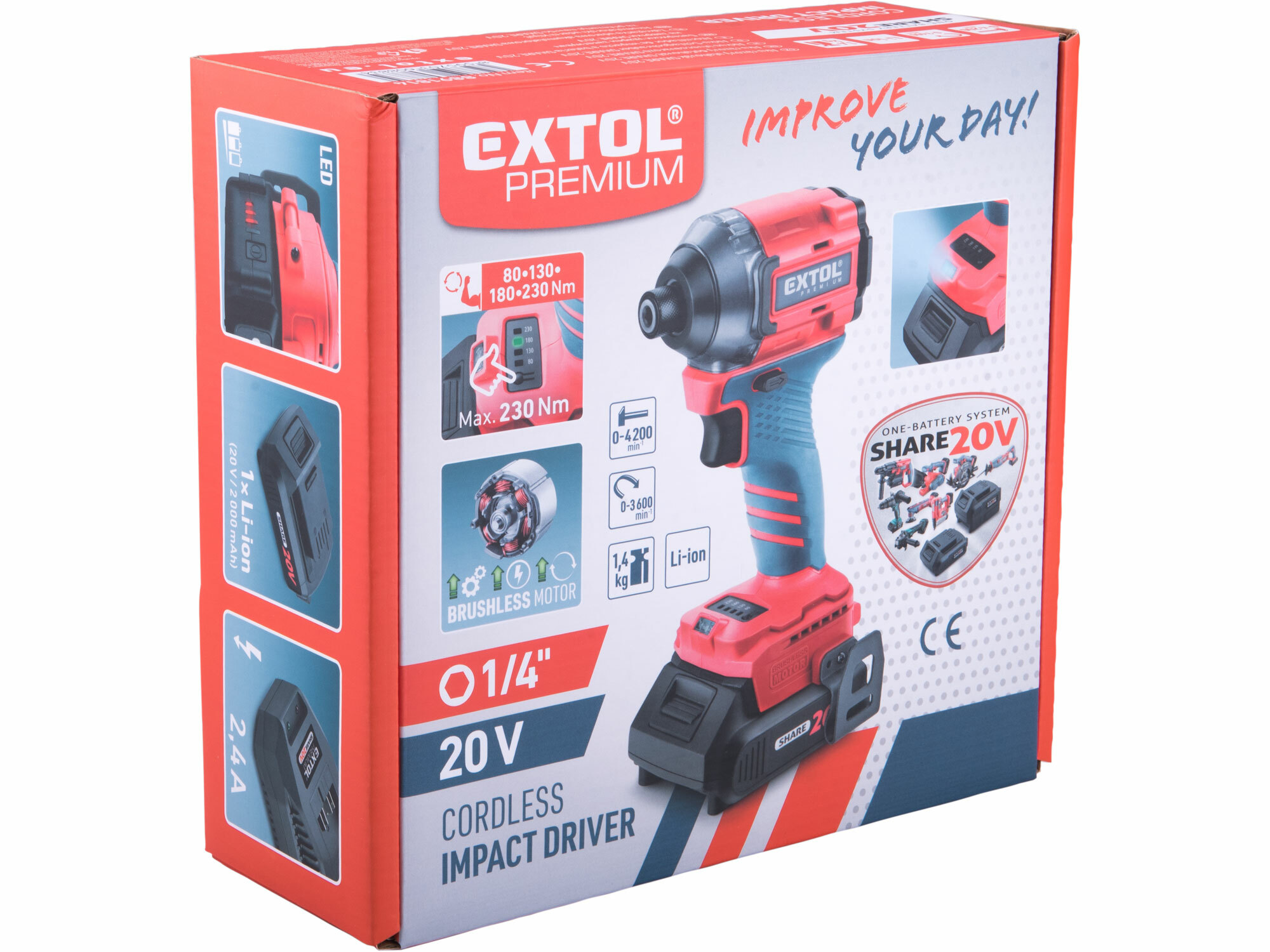 EXTOL PREMIUM 8891815 Uťahovač rázový aku Share20V, bez aku, 1/4" šesťhran na bity, 230Nm, bezuhlíkový motor
