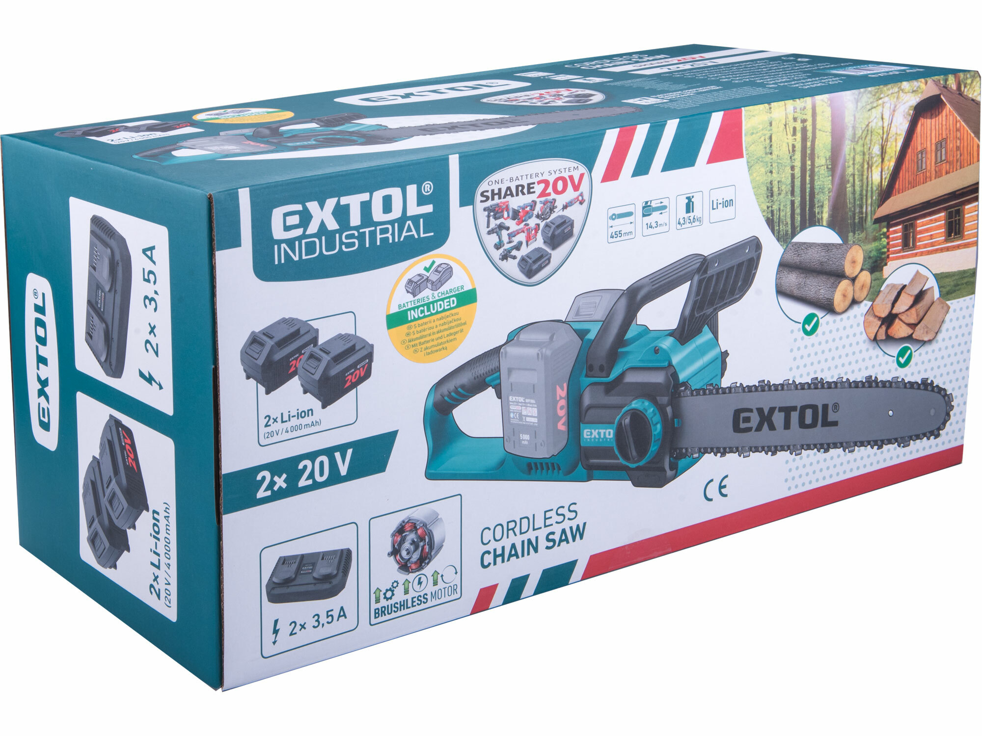 EXTOL INDUSTRIAL 8791920 Píla reťazová Share20V, 2x 4Ah, čepeľ 455mm, bezuhlíkový motor