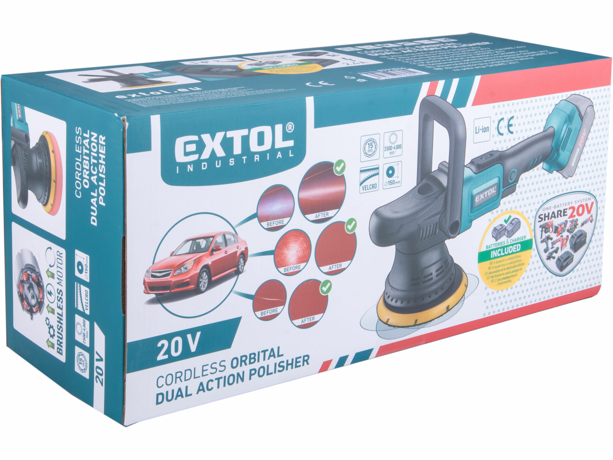 EXTOL INDUSTRIAL 8791844 Leštička orbitálna excentrická Share20V, 1x 2Ah Li-ion, 2,4A nabíjačka, 150mm, suchý zips