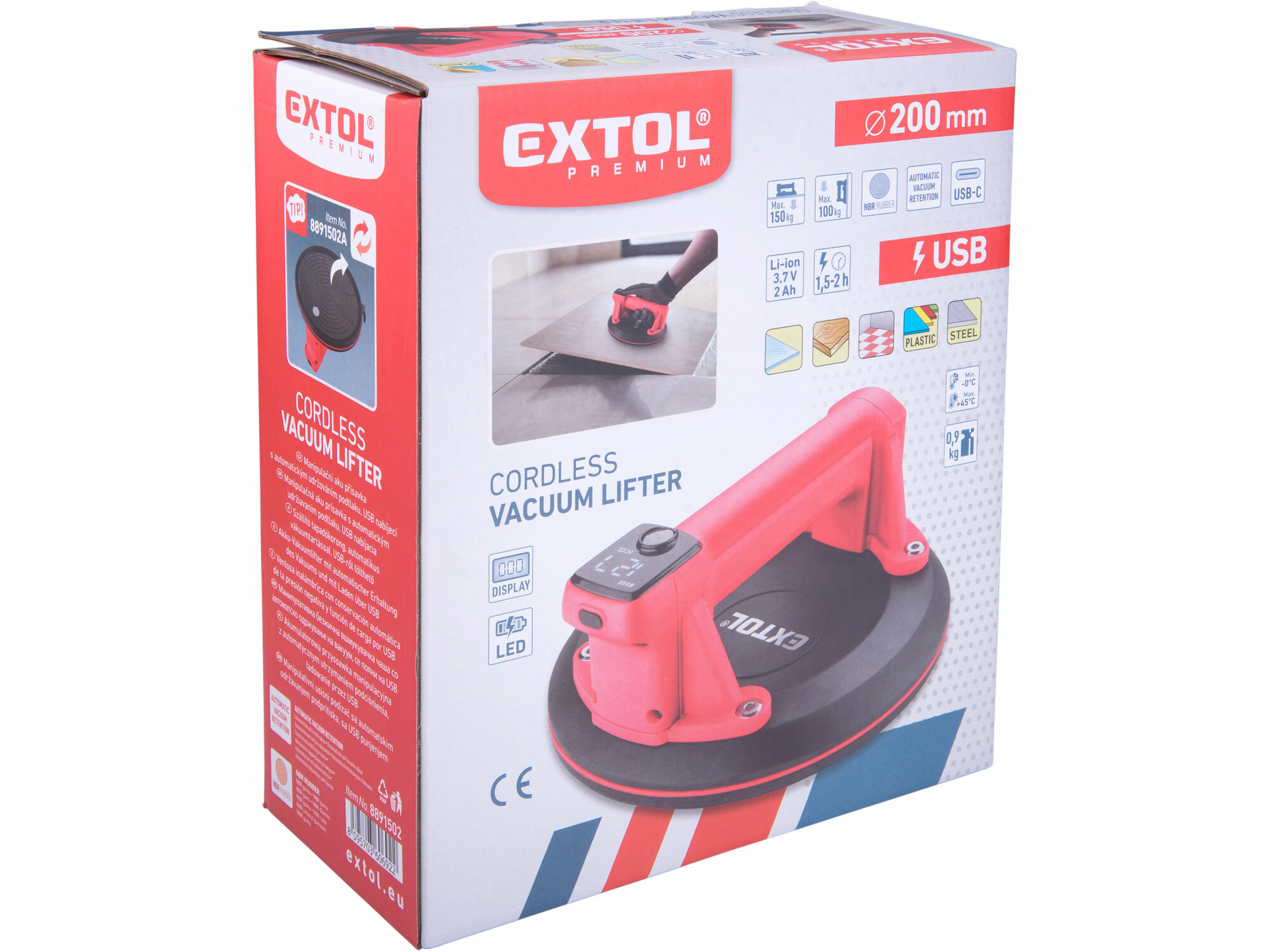 EXTOL PREMIUM 8891502 Prísavka akumulátorová, ø200mm, max.150kg, USB-C nabíjanie