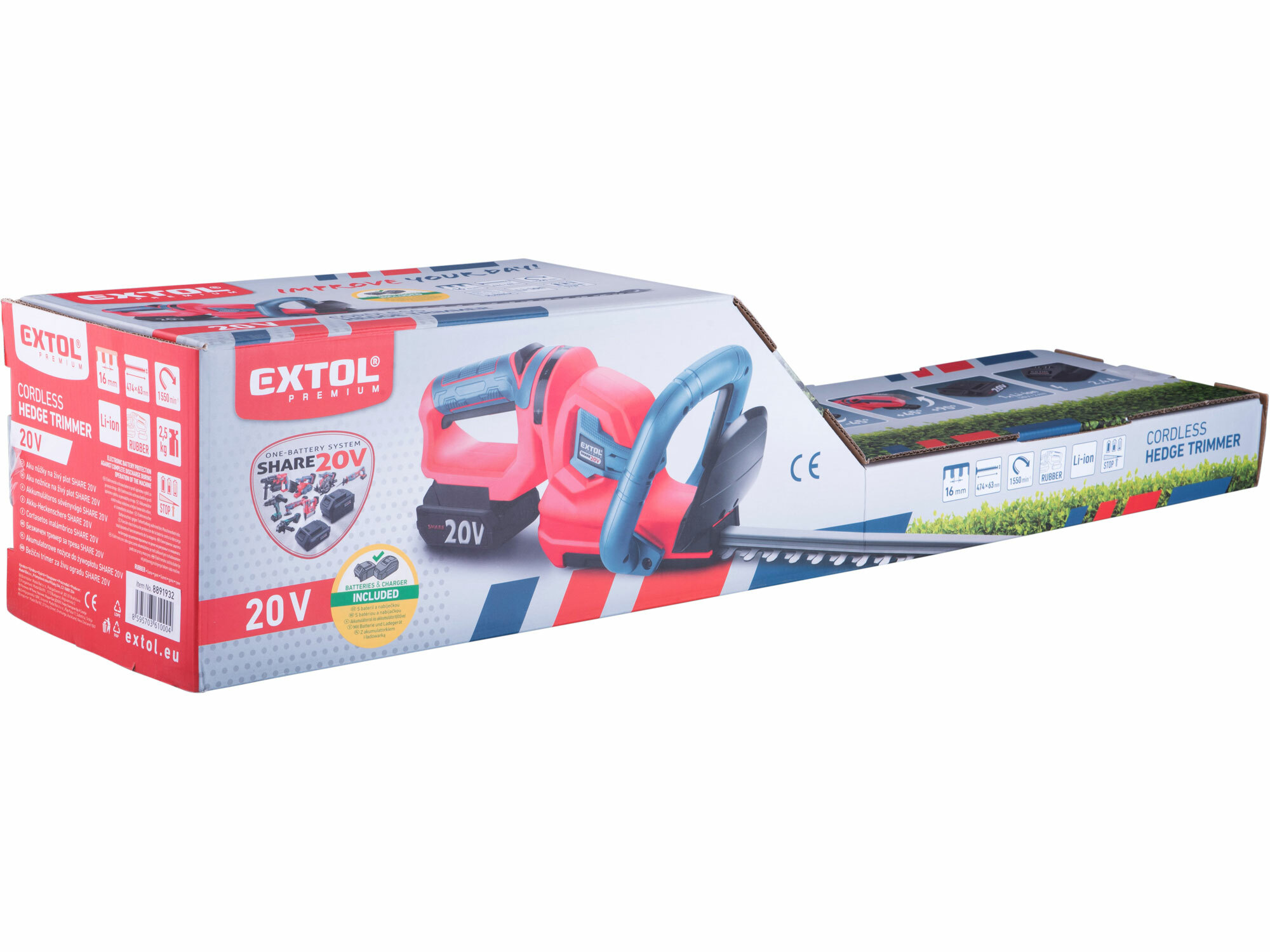 EXTOL PREMIUM 8891932 Nožnice na živý plot Share20V, 1x 2Ah Li-ion, 2,4A nabíjačka, lišta 460mm, max. 16mm