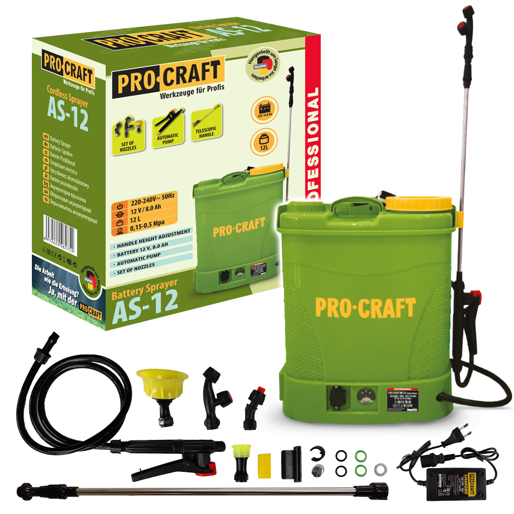 Procraft AS-12 Akumulátorový chrbtový postrekovač 12V 8Ah (12 l) s nabíjačkou