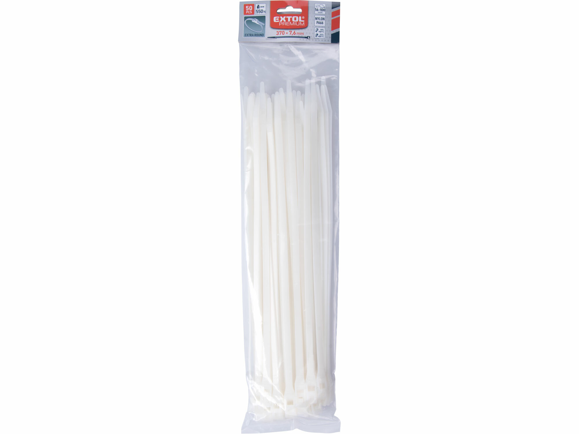 EXTOL PREMIUM 8856228 Pásky sťahovacie biele, nízkoprofilový zámok, 7,6x370mm, 50ks