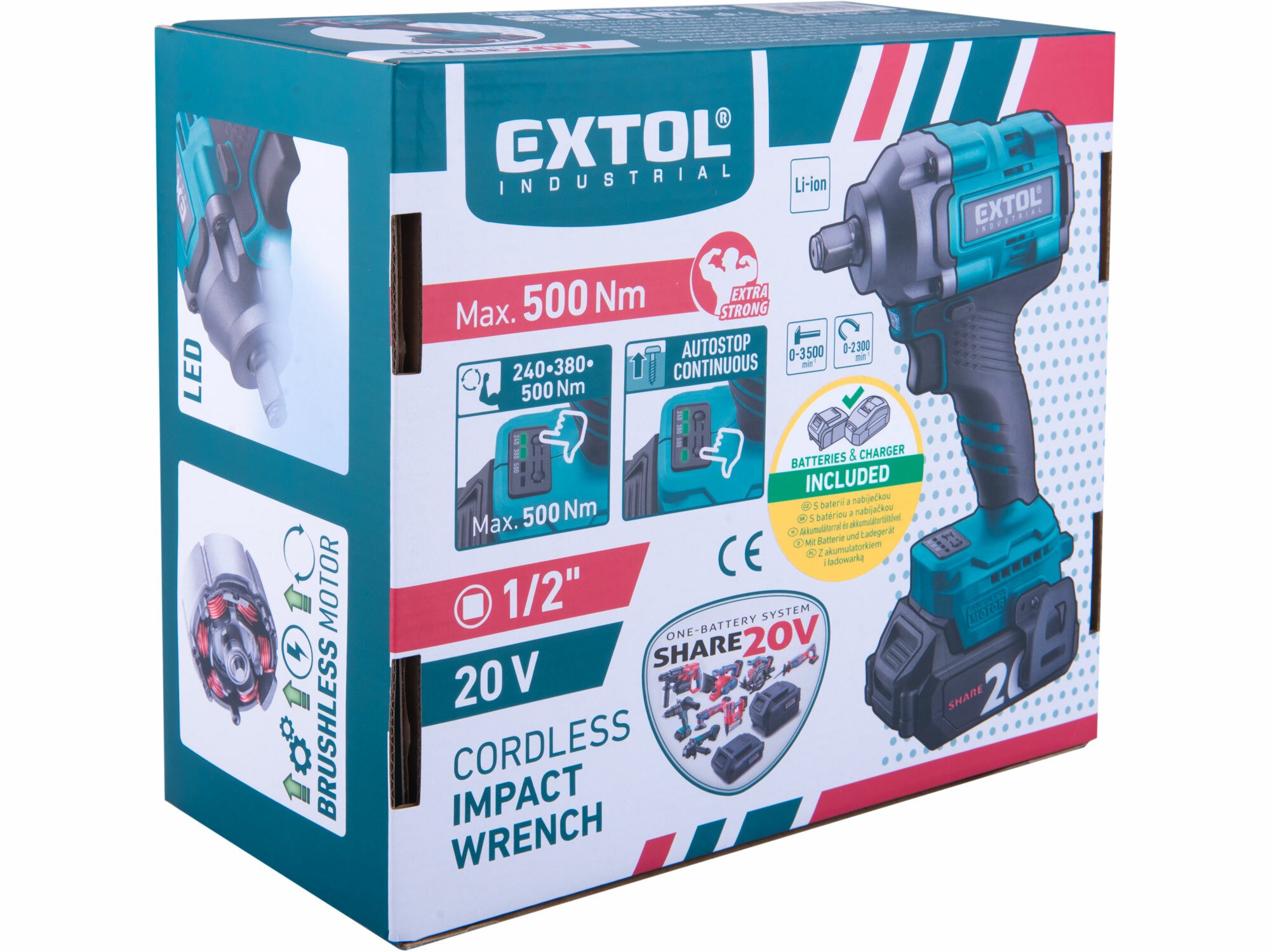 EXTOL INDUSTRIAL 8791814 Uťahovač rázový aku Share20V, 1/2", 1x 2Ah, 500Nm, bezuhlíkový motor