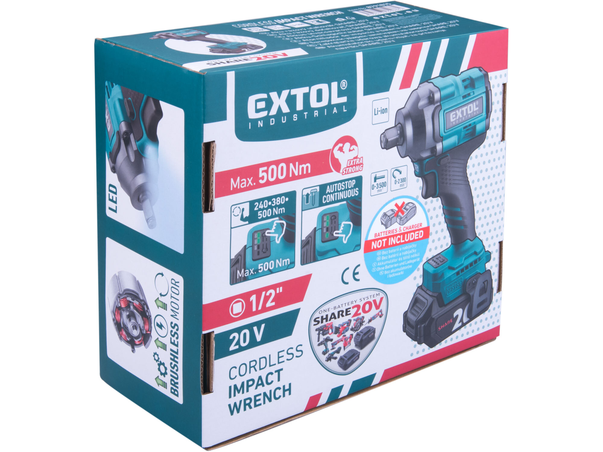 EXTOL INDUSTRIAL 8791815 Uťahovač rázový aku Share20V, 1/2", bez aku, 500Nm, bezuhlíkový motor