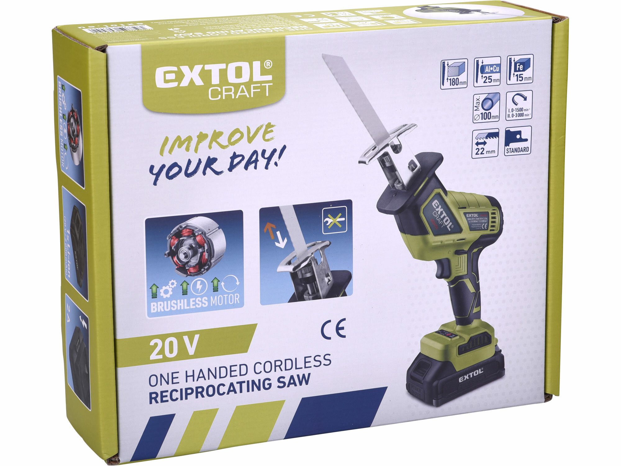 EXTOL CRAFT 402454 Píla chvostová akumulátorová bezuhlíková, 20V, 1x 2Ah Li-ion, 2A nabíjačka, kmit 22mm