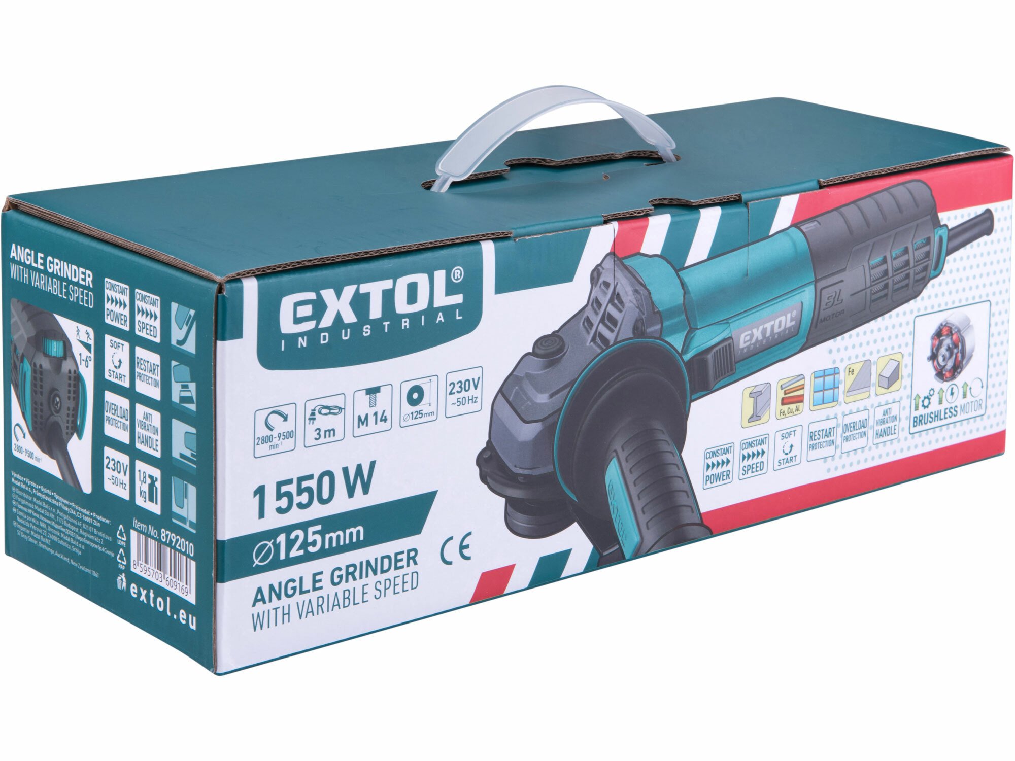 EXTOL INDUSTRIAL 8792010 Brúska uhlová 125mm, 1550W, regulácia otáčok, bezuhlíkový motor