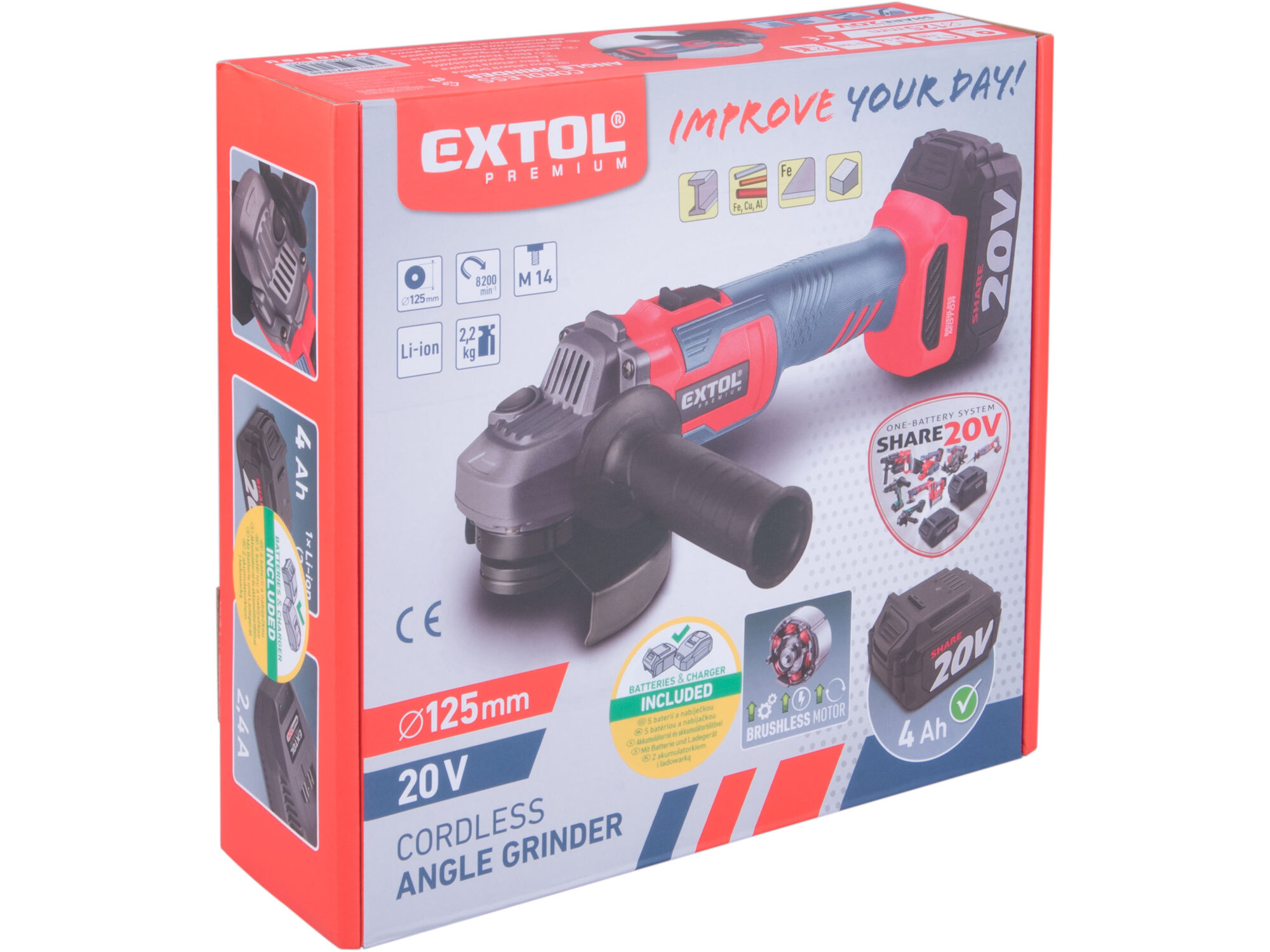 EXTOL PREMIUM 8891838 Brúska uhlová aku Share20V, 1x 4Ah, 125mm, bezuhlíkový motor