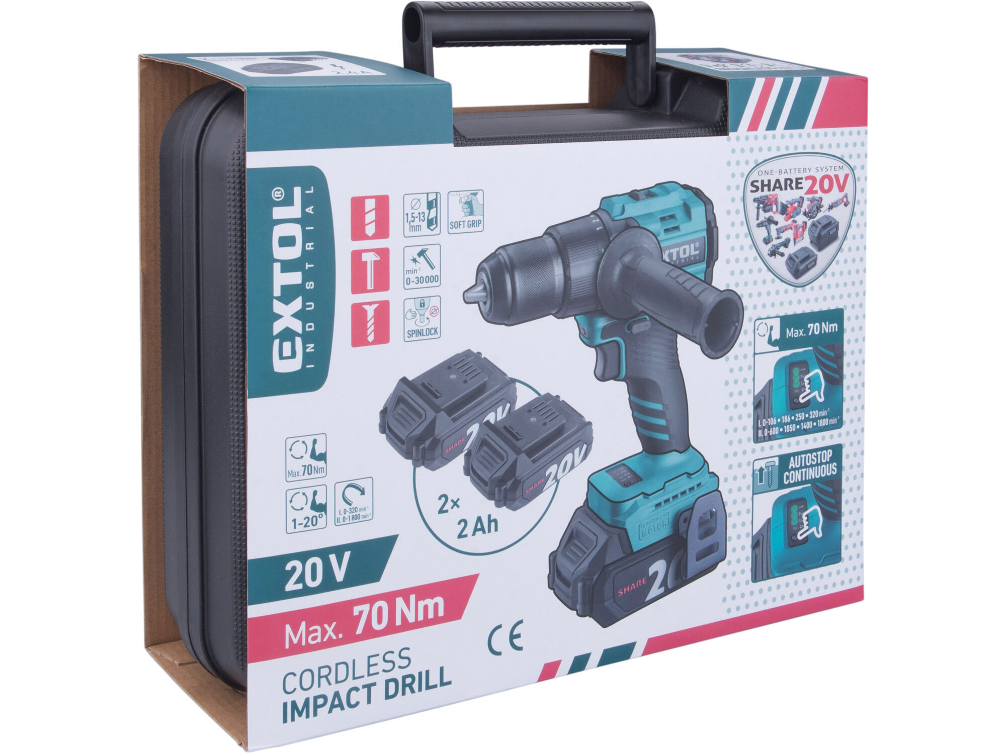 EXTOL INDUSTRIAL 8791804 Vŕtačka s príklepom aku Share20V, 2x 2Ah, 70Nm, bezuhlíkový motor, kufor