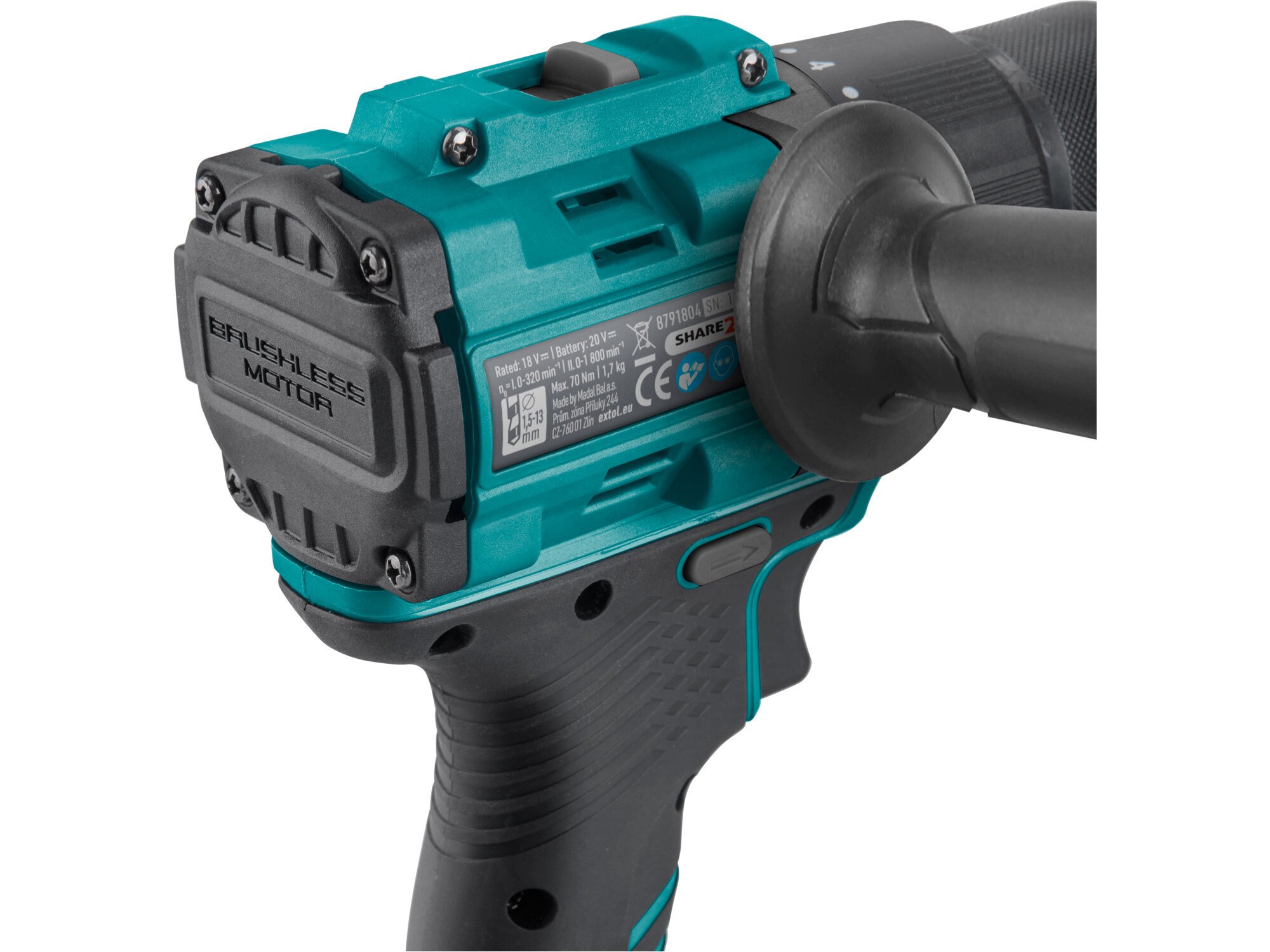 EXTOL INDUSTRIAL 8791804 Vŕtačka s príklepom aku Share20V, 2x 2Ah, 70Nm, bezuhlíkový motor, kufor