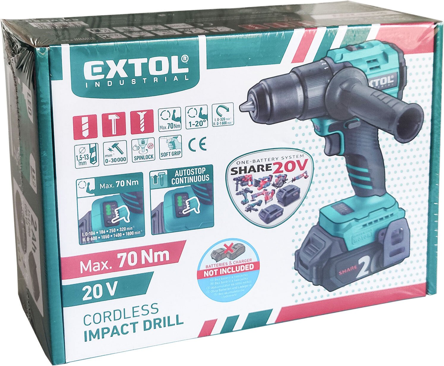 EXTOL INDUSTRIAL 8791805 Vŕtačka s príklepom aku Share20V, bez aku, 70Nm, bezuhlíkový motor