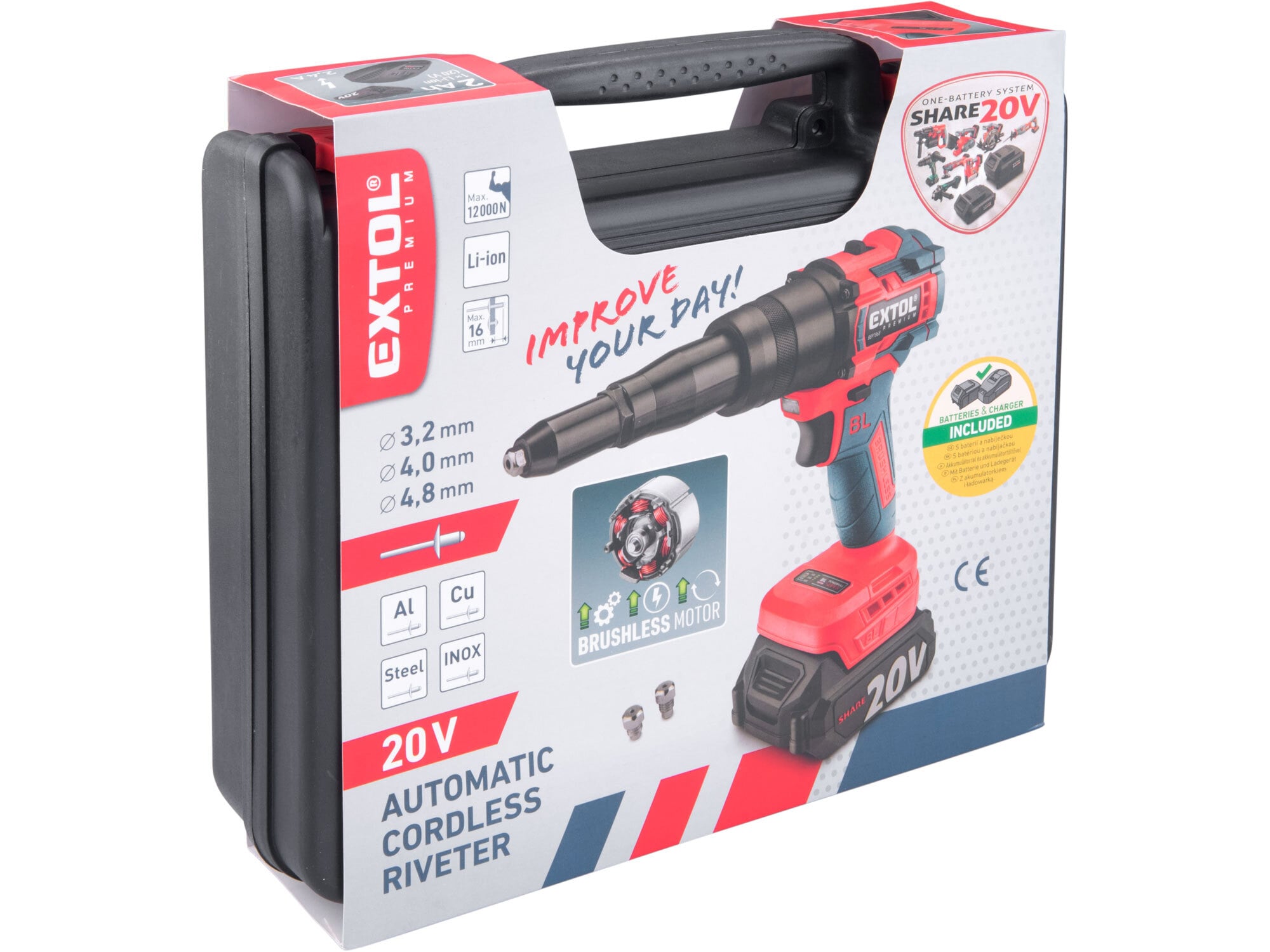 EXTOL PREMIUM 8891868 Pištoľ nitovacia aku Share20V, 1x 2Ah, 3,2-4,8mm, 12000N, dĺžka ťahu 16mm