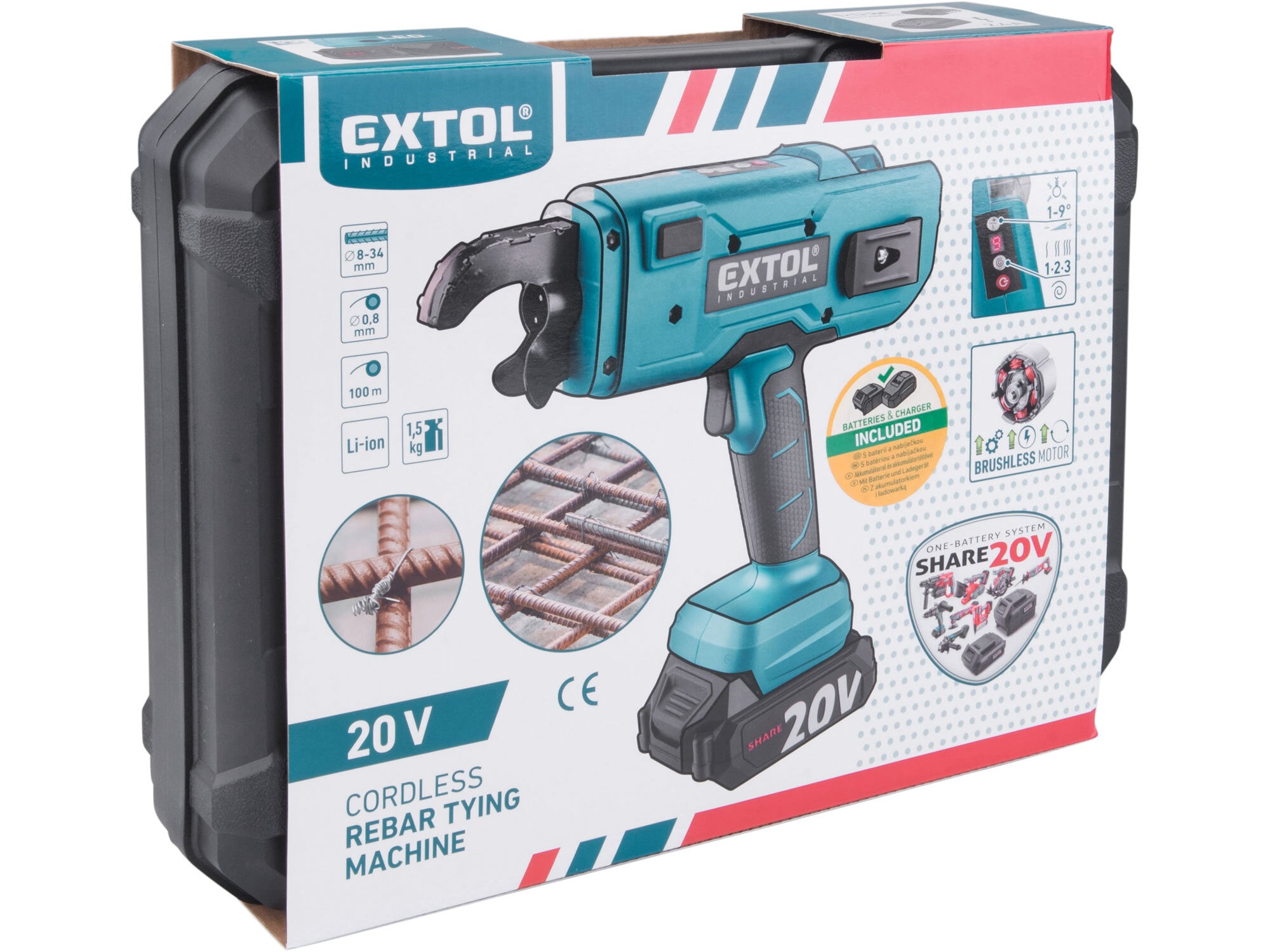 EXTOL INDUSTRIAL 8791860 Viazač armatúr aku Share20V, 1x 2Ah, drôt 0,8mm, oko 8-34mm, bezuhlíkový motor